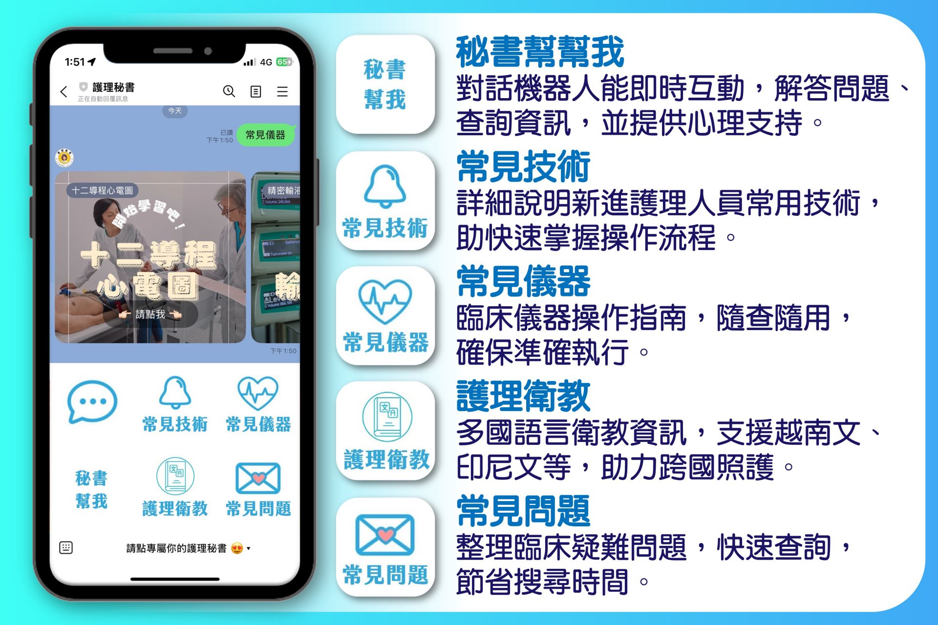 護理秘書設計功能緊扣護理臨床需求,包含常見儀器操作說明、護理技術標準流程、工作常見問題解答等。