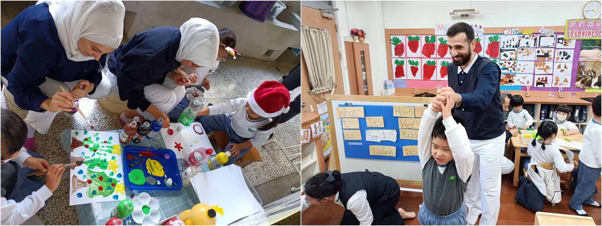 (左圖)幼兒園小小孩帶領滿納海學校老師進行彩繪活動。(右圖)幼兒園學生展現熱情,使滿納海學校老師笑開懷。