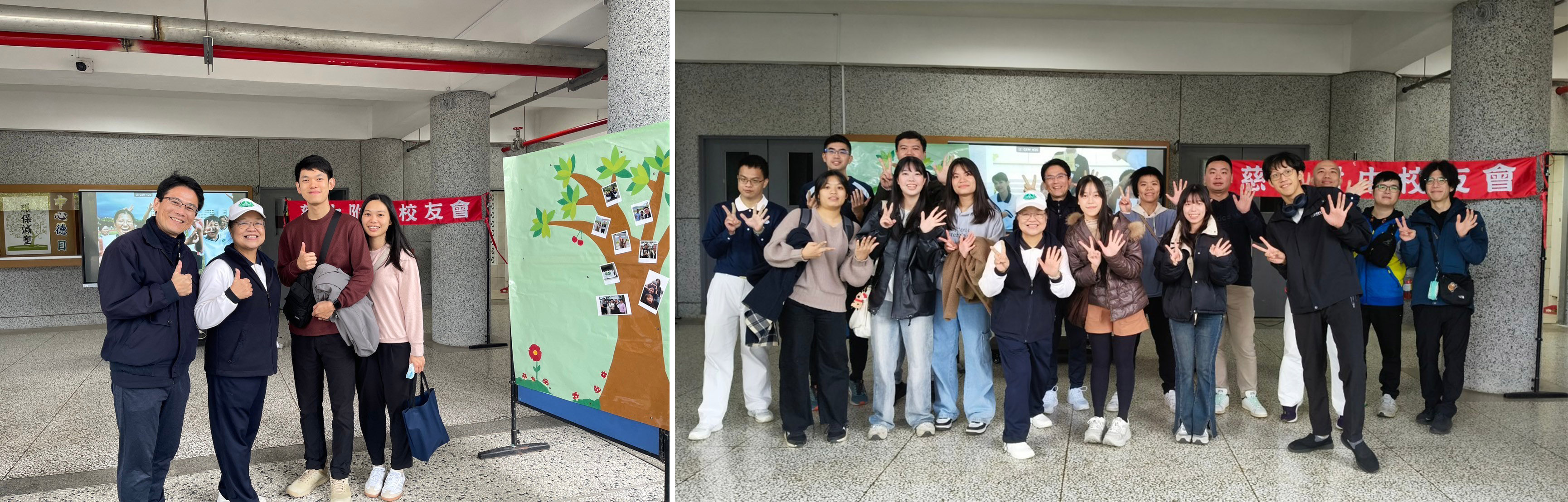（圖左）珍貴合影：師生在天文館前合影，留下永恆的25年紀念瞬間。（圖右）歡聚一堂：校友們在福田廣場相見歡，重拾昔日情誼。