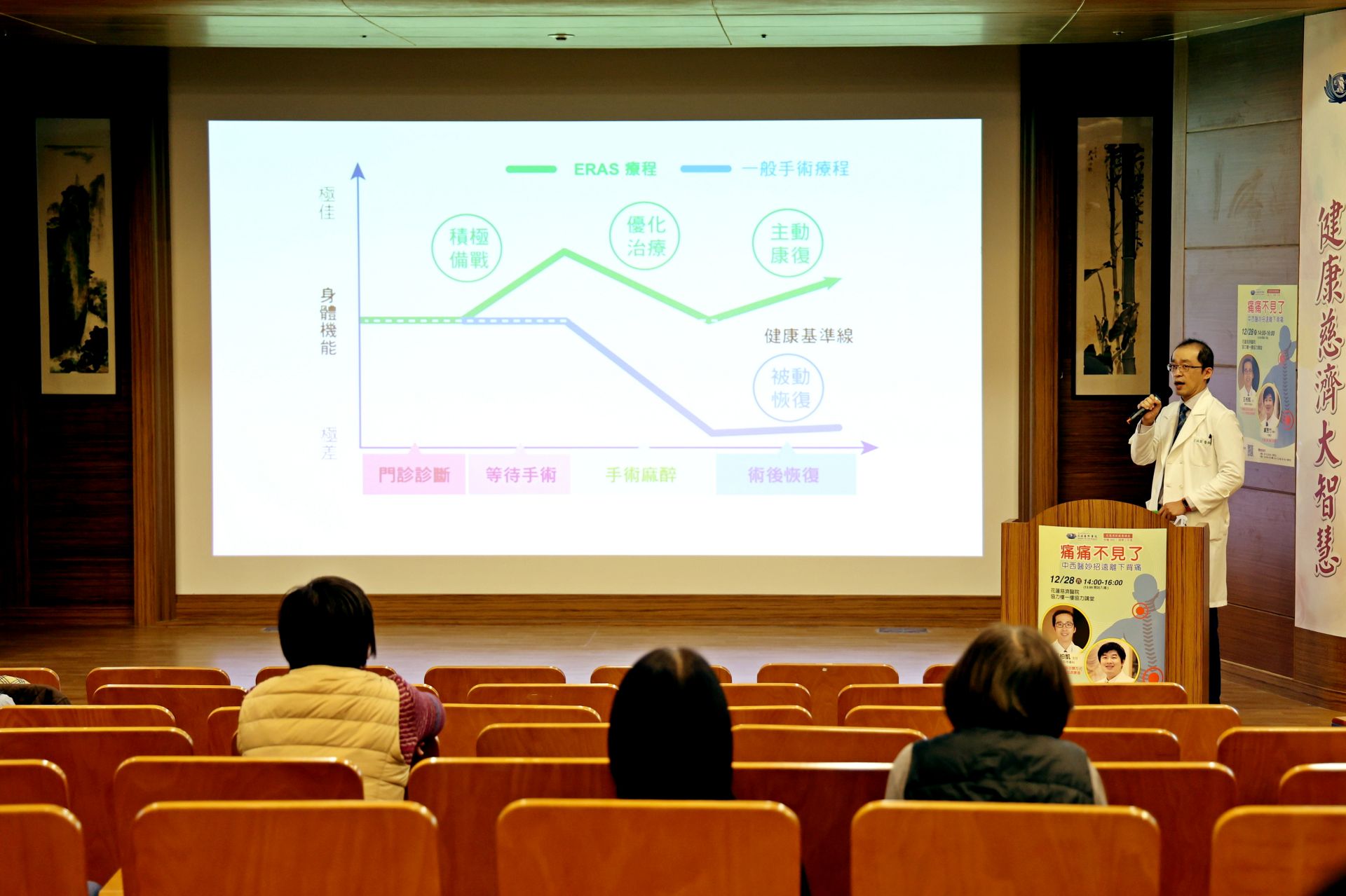 王柏凱主任分享最先進的疼痛治療趨勢「術後加速康復(ERAS)」,是一套科學的術前、術中與術後照護流程,幫助病人以最安全、舒適的方式邁向康復。