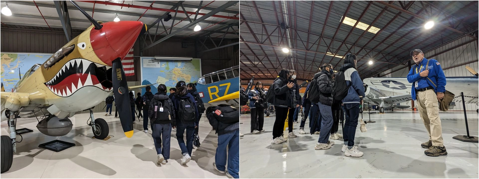 航空博物館解說員仔細解說,孩子們認真聆聽。