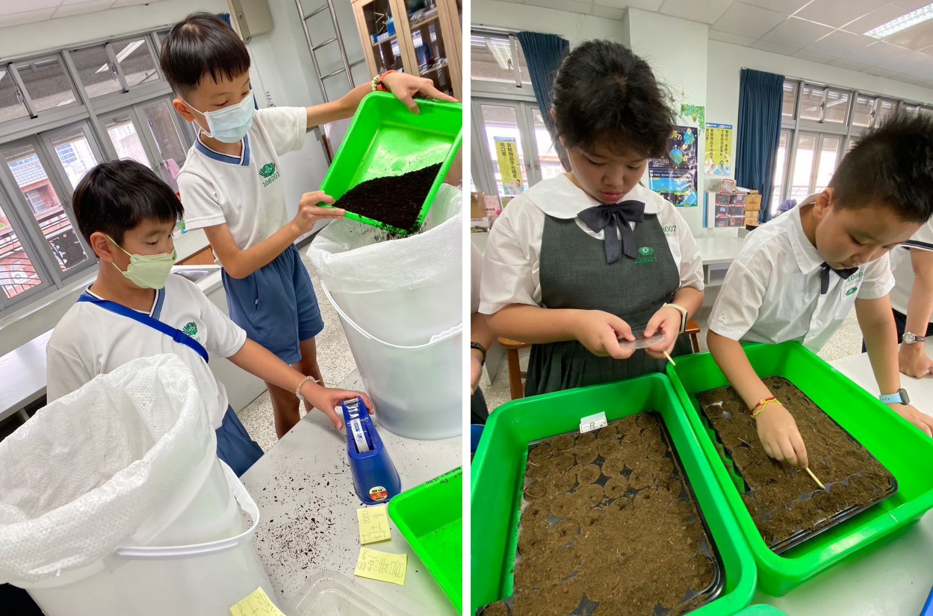 將菸絲、廚餘和咖啡渣依比例與菌土混合製作堆肥,進行小白菜種子在三種堆肥的發芽。