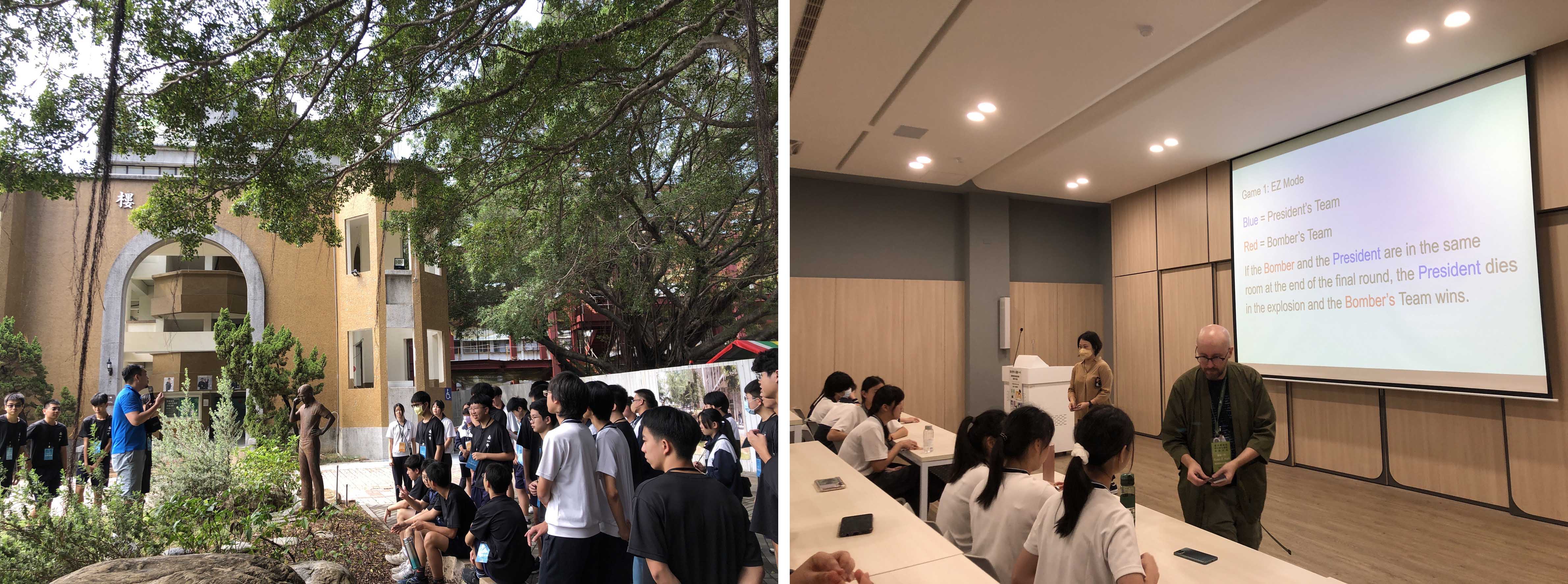 (圖左)台南一中謝承霖主任解說百年校史。(圖右)台南一中Evan老師帶領兩校同學進行英語活動。
