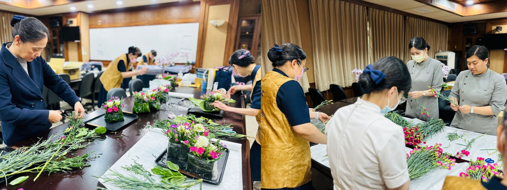 浴佛活動前,人資室同仁與醫療志工齊心合力將行動病房浴佛車上的鮮花提前布置完成。