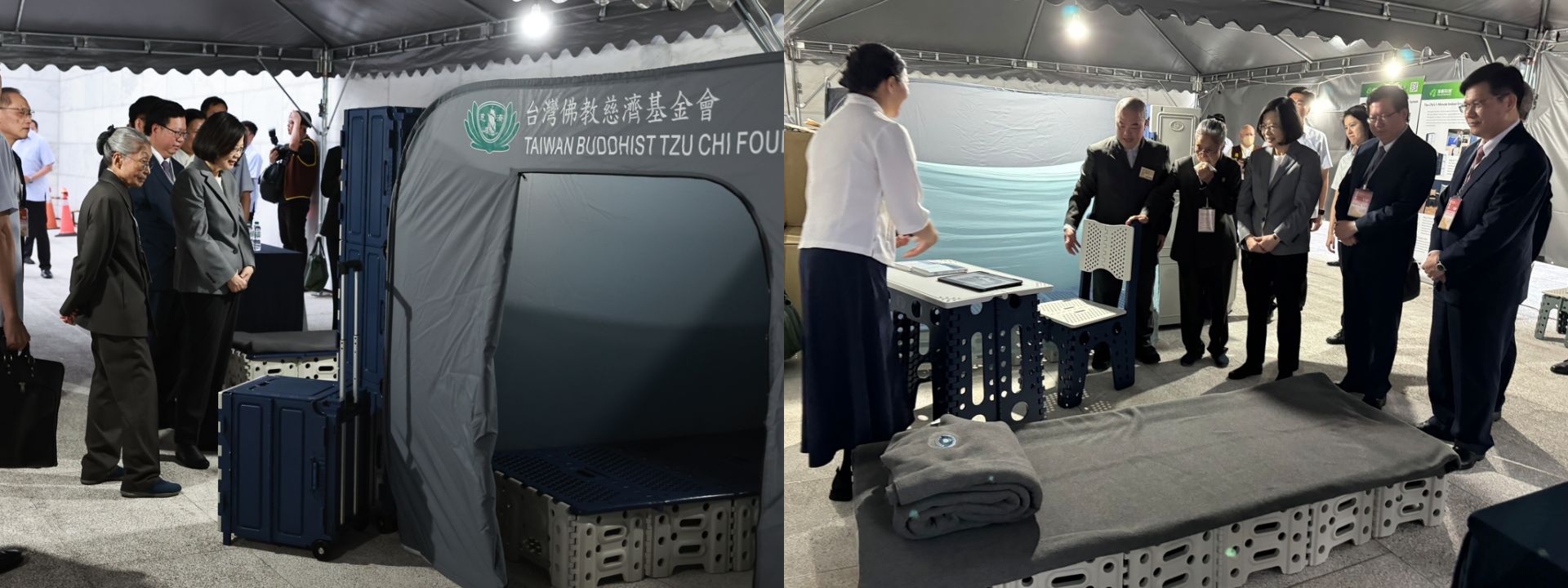 蔡英文總統出席慈濟浴佛大典，參觀慈悲科技研發的福慧隔屏、福慧桌椅與毛毯等品項。