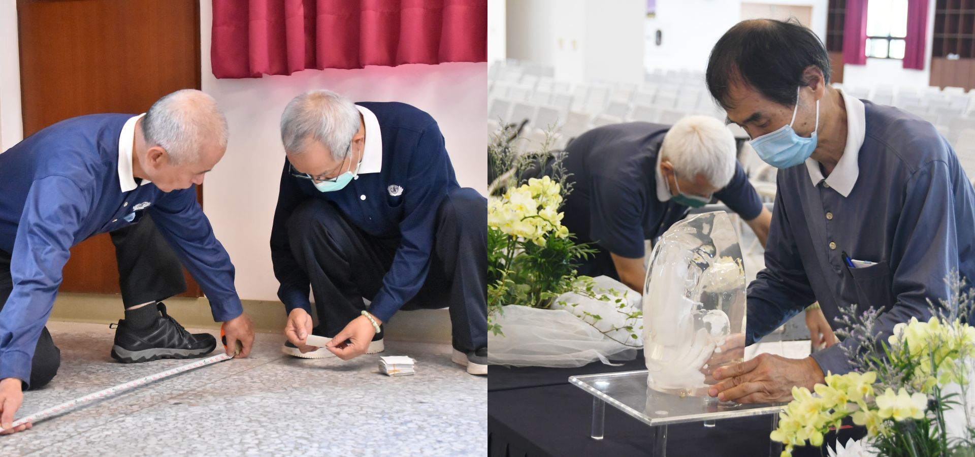 (左圖)早在浴佛前一天,就得完成貼地標、定位、動線安排。(右圖)早在浴佛前一天,就得完成貼地標、定位、動線安排。