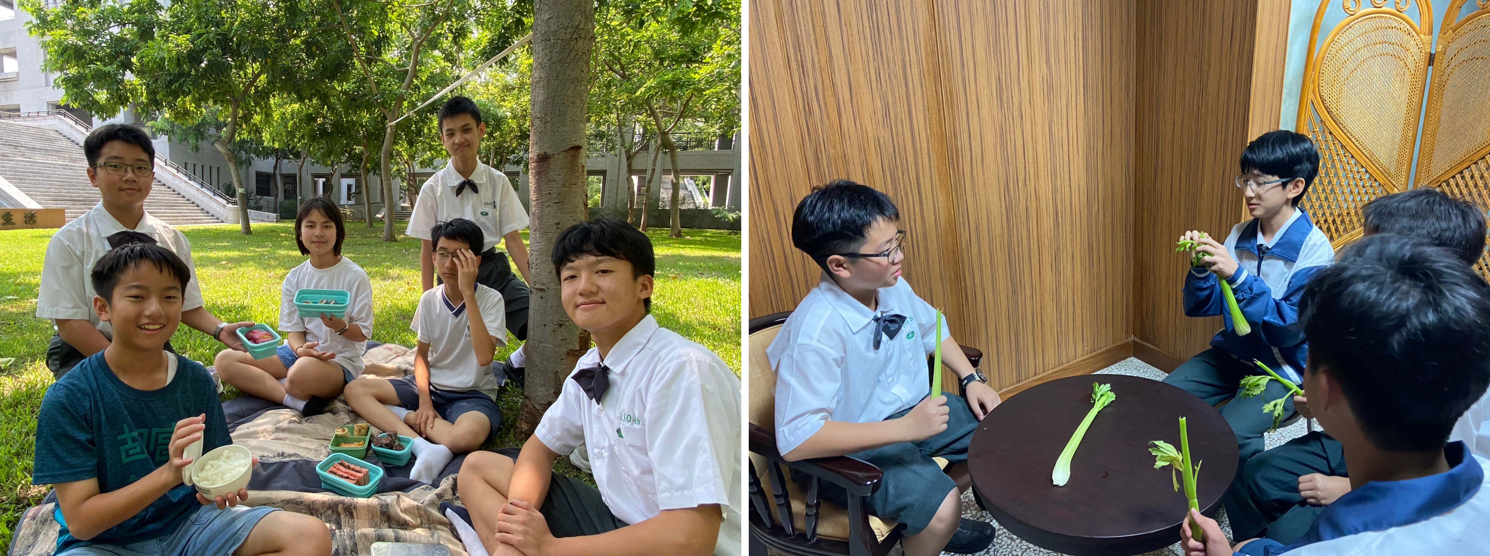 (圖左)戶外野餐各式餐點的討論帶入「我的餐盤」米食營養介紹。(圖右)你我的愛「芹」短片拍攝。
