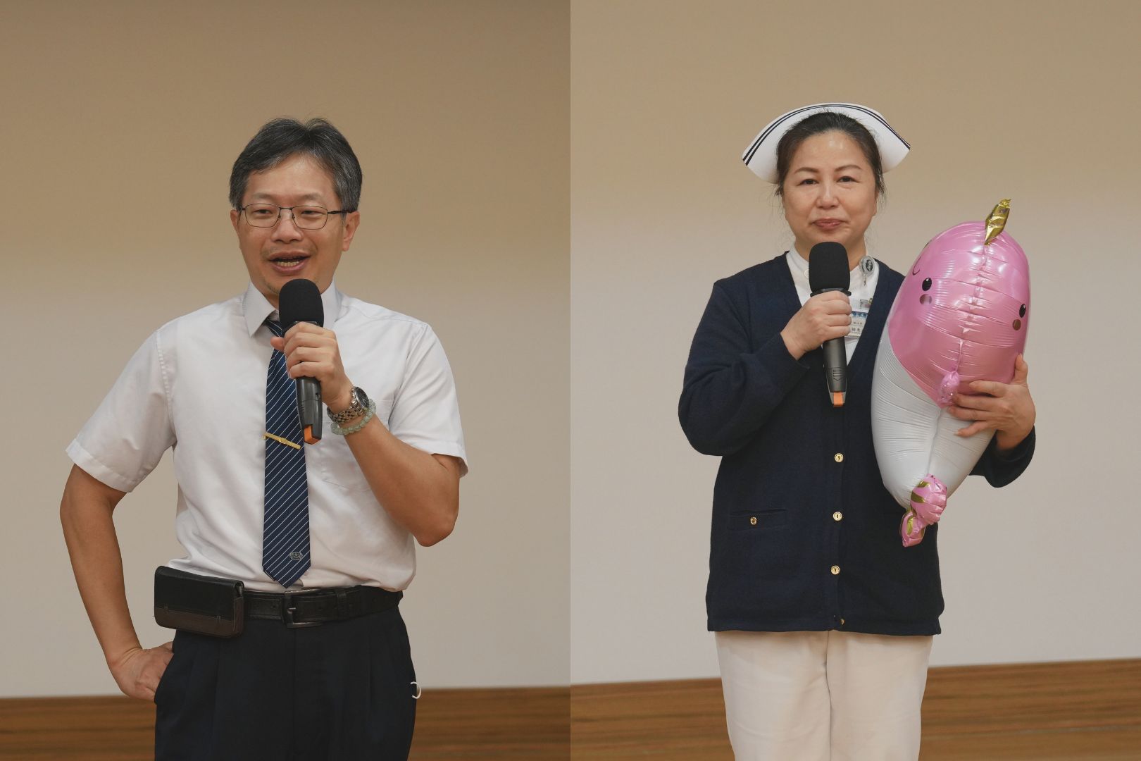 左：身兼新生兒科的張宇勳主任推崇護理團隊照顧每個早產兒寶寶走過最艱辛的一段路。右：護理部主任鍾惠君致詞時則先以早產兒家長的身分向醫護團隊致敬。