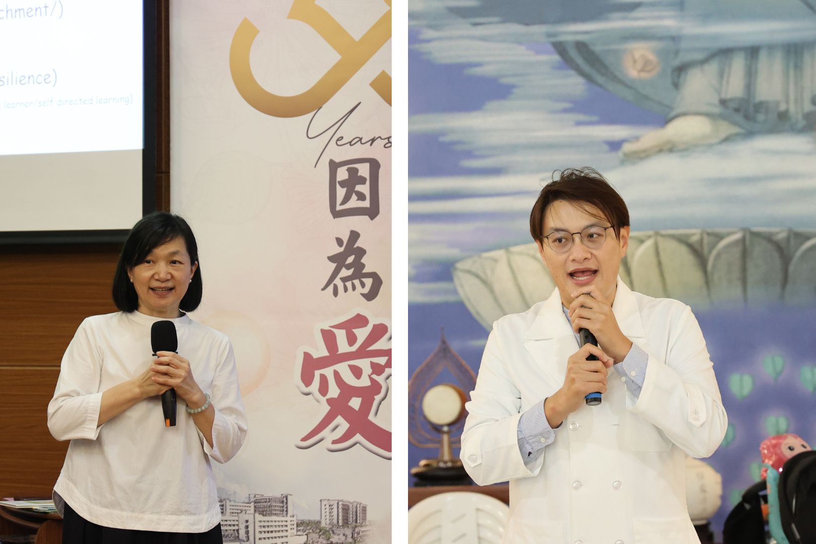 左：推動親子閱讀多年，也是兒童繪本作者的朱紹盈醫師則分享親子閱讀的好處與方法。右：兒童牙科李嘉諭醫師衛教過程。