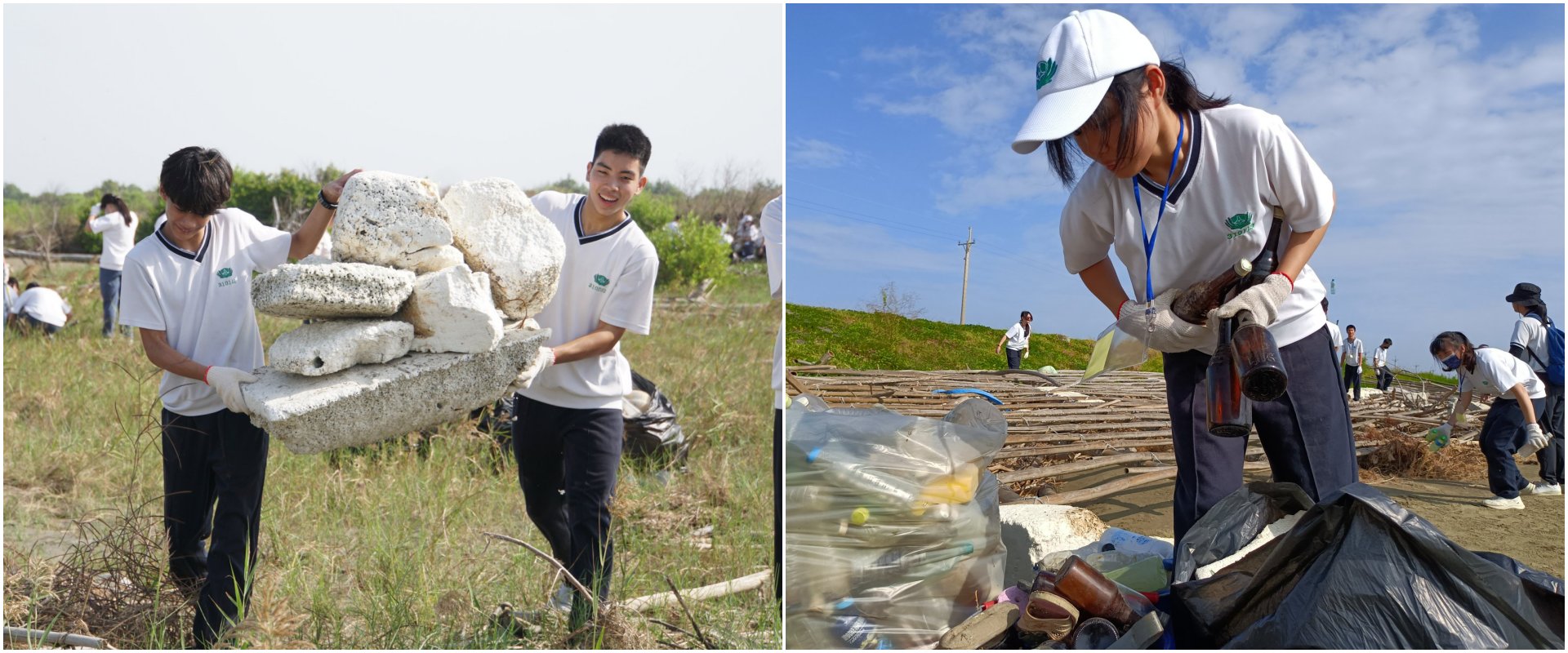 (左圖)學生們笑容滿面,齊心清除岸上的大型保麗龍。(右圖)學生把握分秒認真淨灘的姿態,最是美麗可貴。