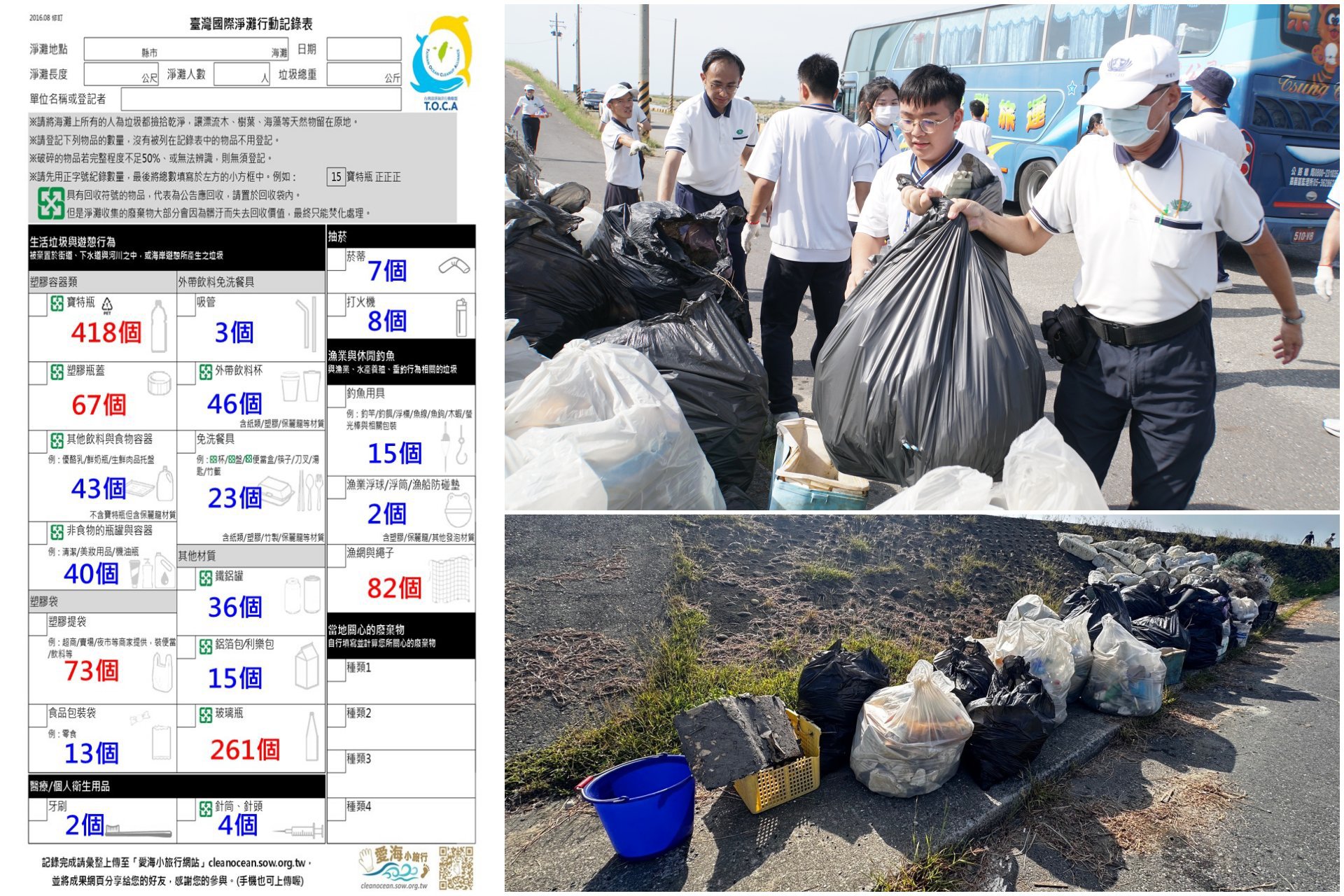 不畏其重,更不畏炎炎烈日,師生淨灘展現無比行動力及團隊精神。臺南慈濟高中臺灣國際淨灘行動紀錄表與臺南慈中從曾文溪口北岸清運出的垃圾成果。
