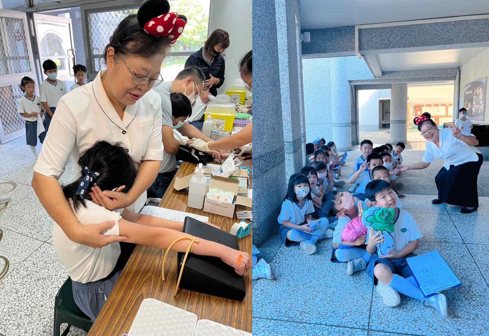 李玲惠校長到健檢現場為一年級孩子加油打氣,並陪伴孩子抽血