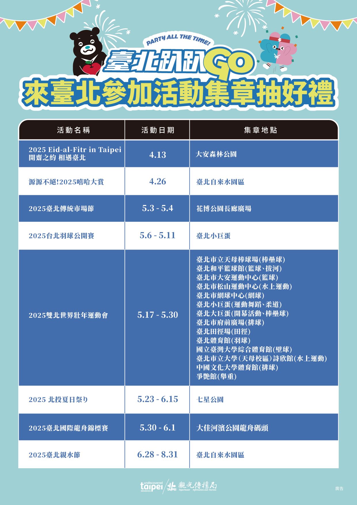 第二季大型活動匯集8大運動與文化盛事，到場體驗還能參加「臺北趴趴GO四季集章活動」，好禮抽不完！