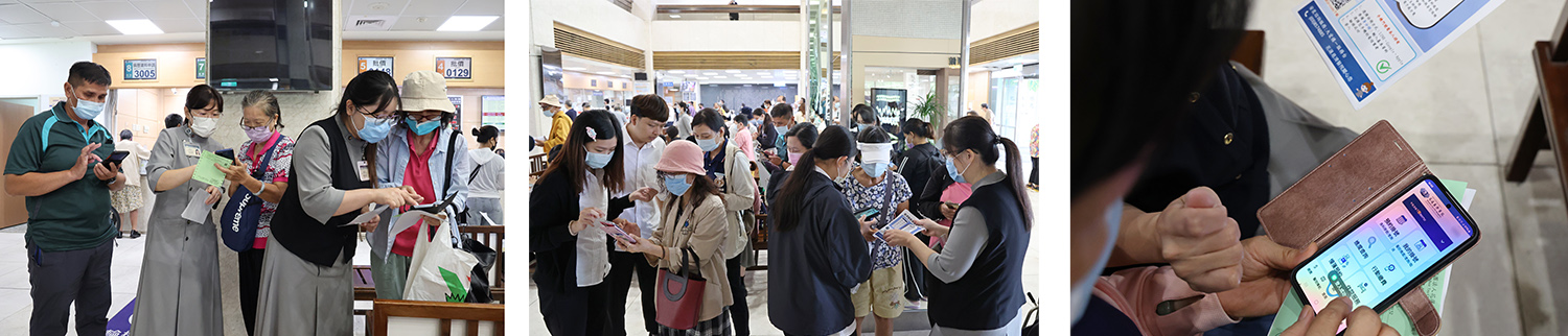 活動首日就吸引許多就醫病人、陪伴家屬與醫院同仁、志工熱情下載,許多第一次接觸這APP的長者在團隊的幫忙下順利完成註冊。