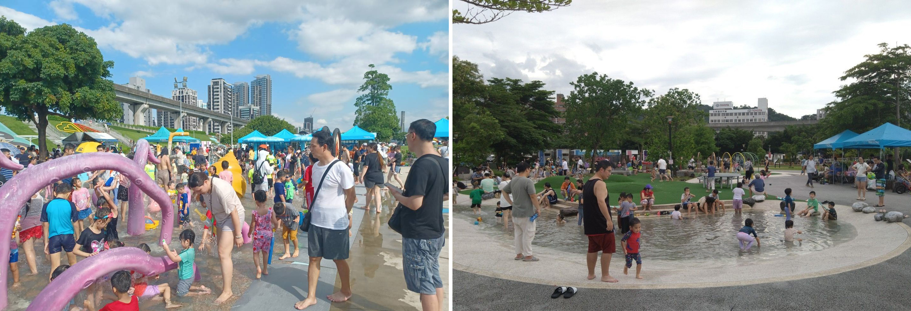 (圖左)海世界水樂園玩水民眾絡繹不絕。(圖右)陽光遊戲場水樂園讓小朋友開心玩水。
