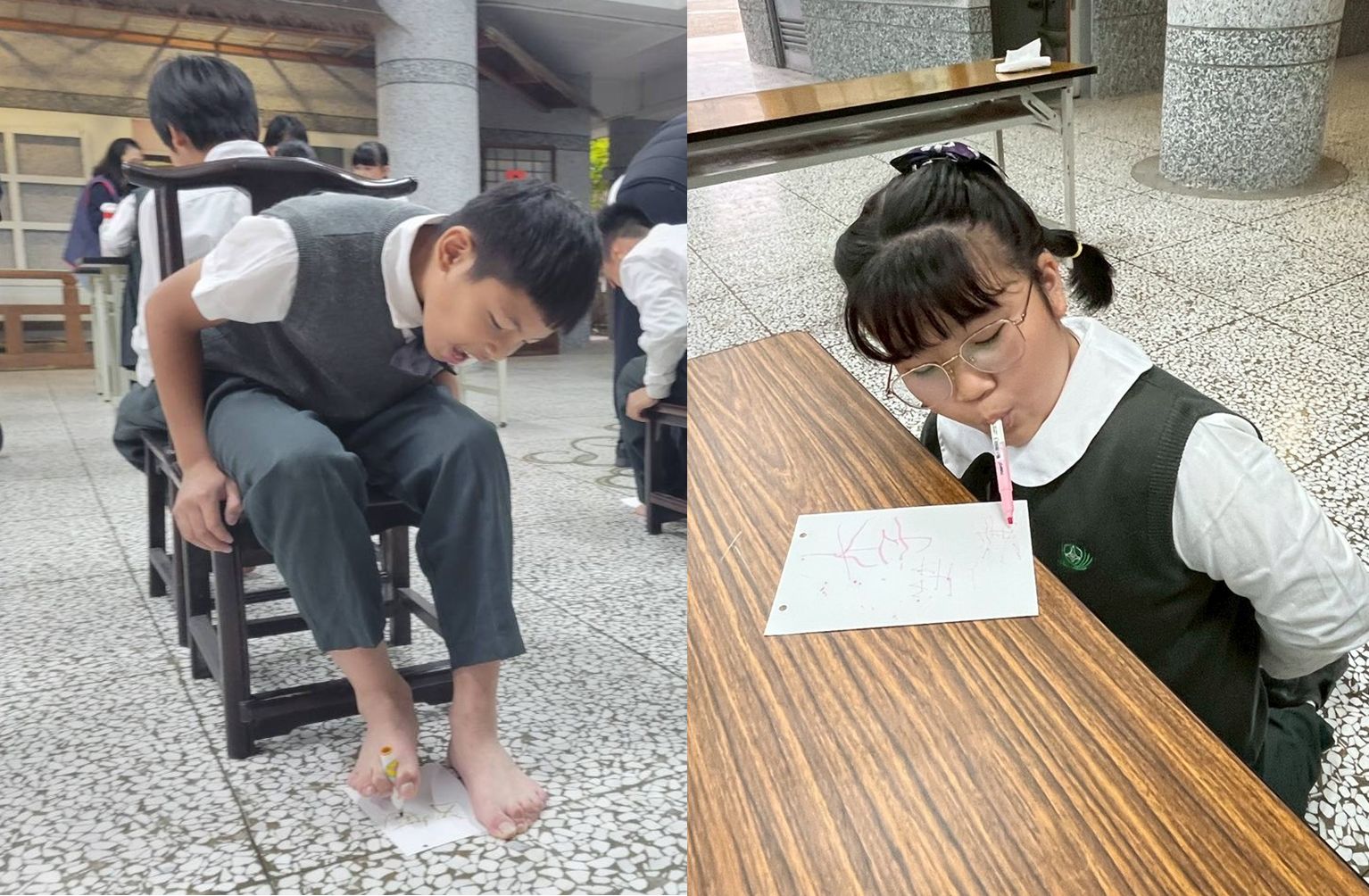 五年級口足畫家:體驗失去雙手只能用嘴巴及用腳寫字的辛苦與不容易。