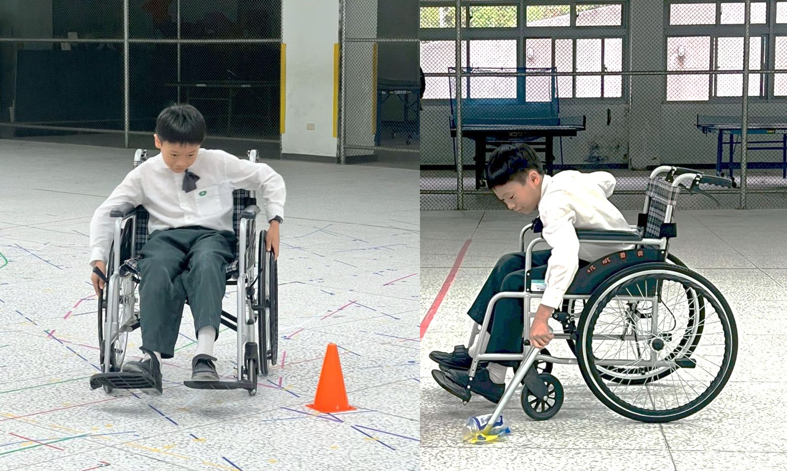 六年級陸上行舟:學生坐上輪椅,前進、轉彎通過障礙物、撿拾東西,都需要極大的力氣