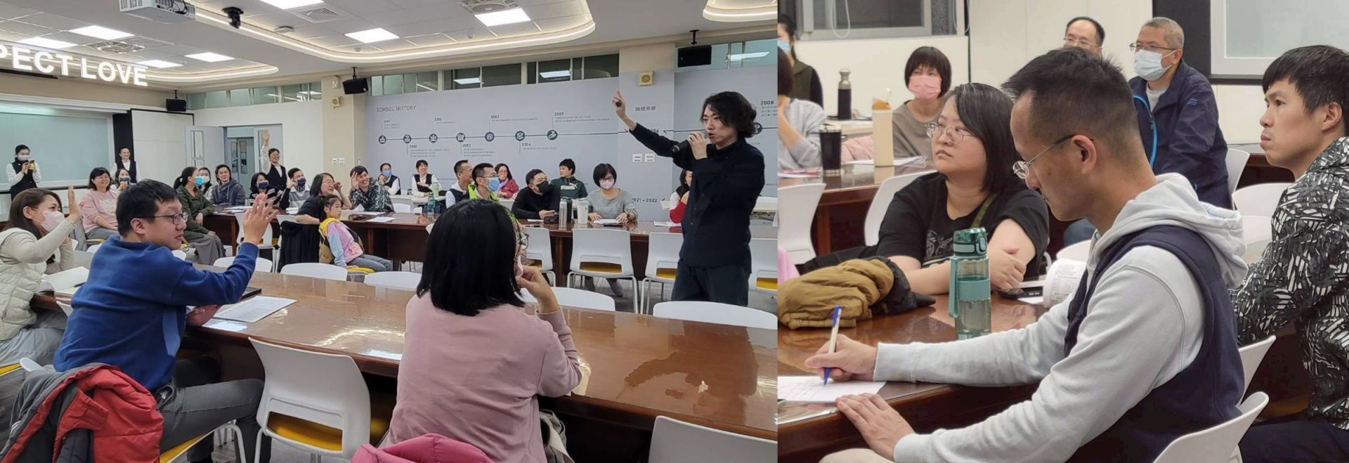 老師精彩演講並與家長互動,家長也認真地將重點記錄下來。
