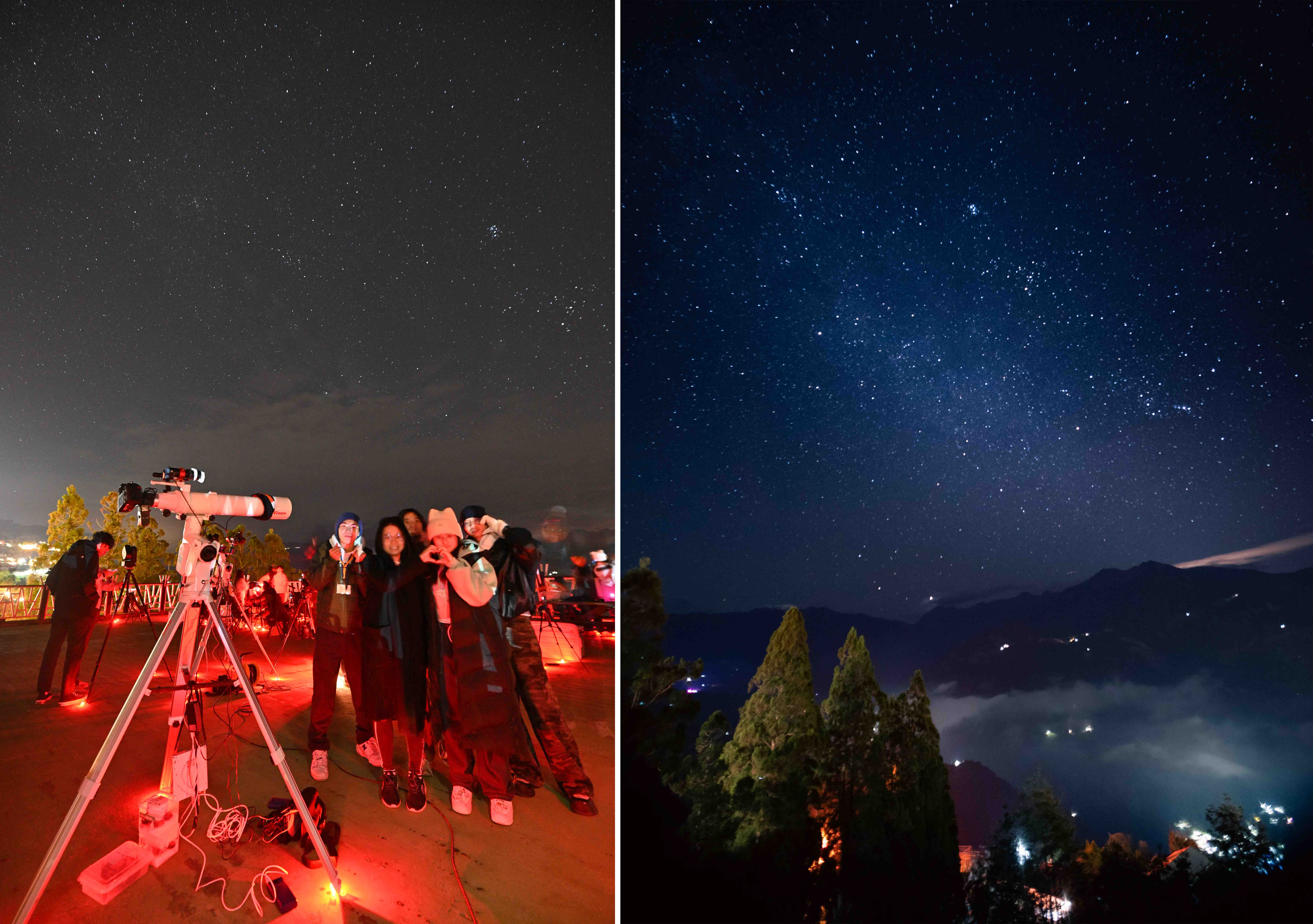 (圖左)夜幕低垂,仰望星空,開啟夜間觀星時刻。(圖右)高一陳建霖清境星空攝影作品。