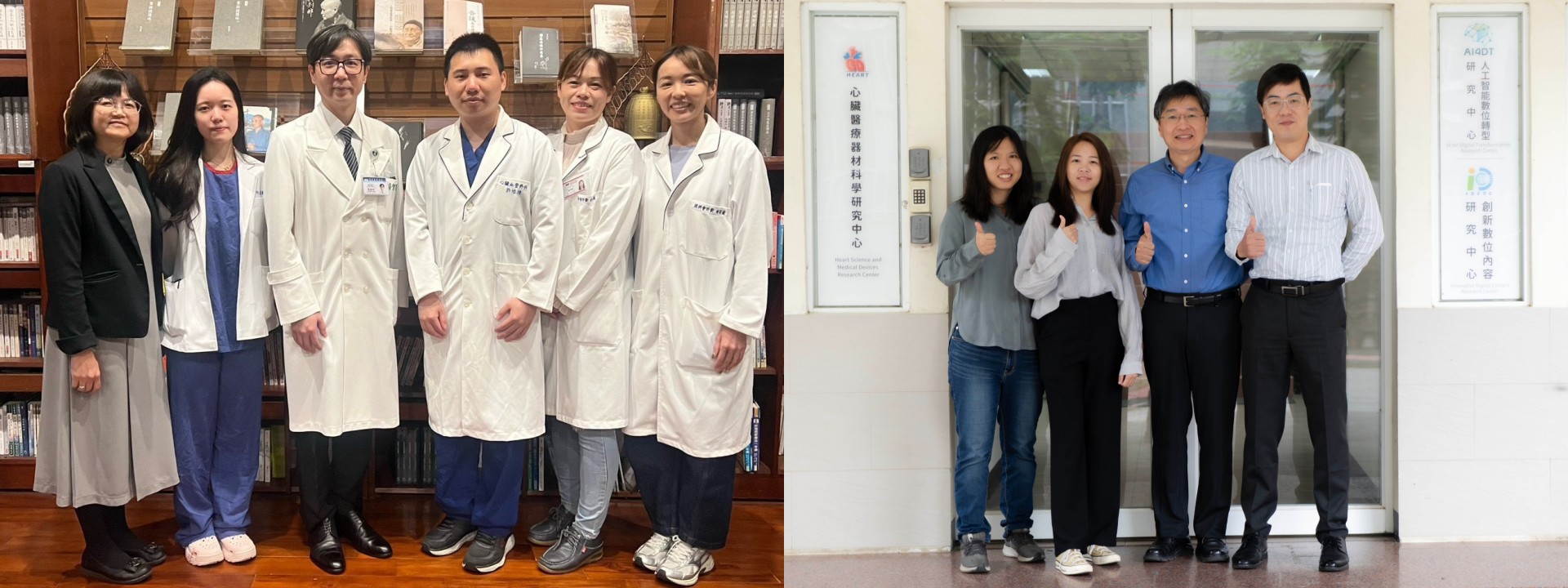(左圖)副院長張睿智(左三)與成功大學王振興教授,共同帶領花蓮慈院與成功大學團隊,以「AI智慧監測與預後分析系統導入人工心肺機」得到國家新創獎殊榮。(右圖)成功大學王振興教授(右二)與團隊