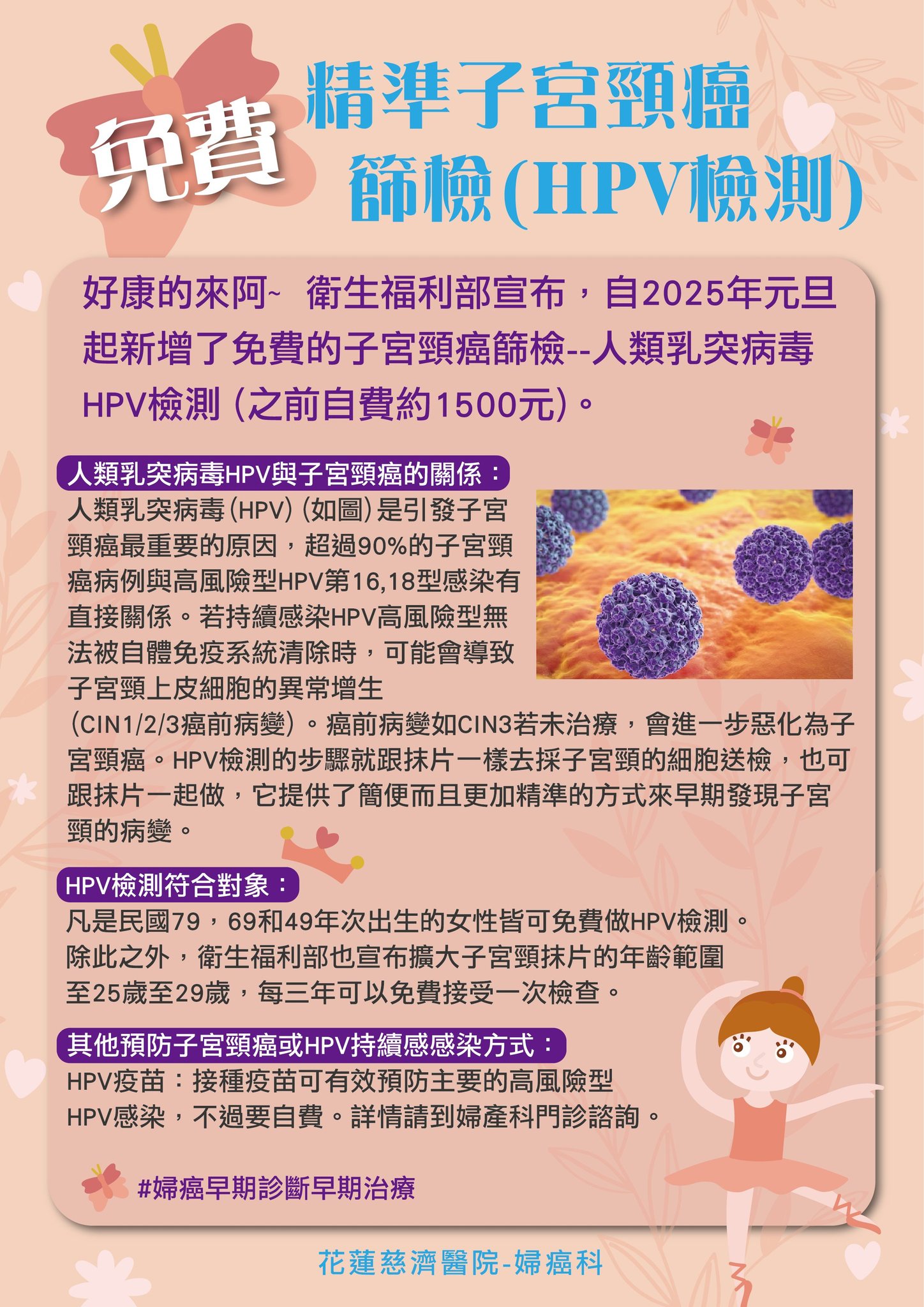 2025年1月1日起,國民健康署新增了免費的子宮頸癌篩檢-人類乳突病毒HPV檢測。對象是35歲、45歲、65歲的女性,當年度年可以接受一次的免費HPV檢測。