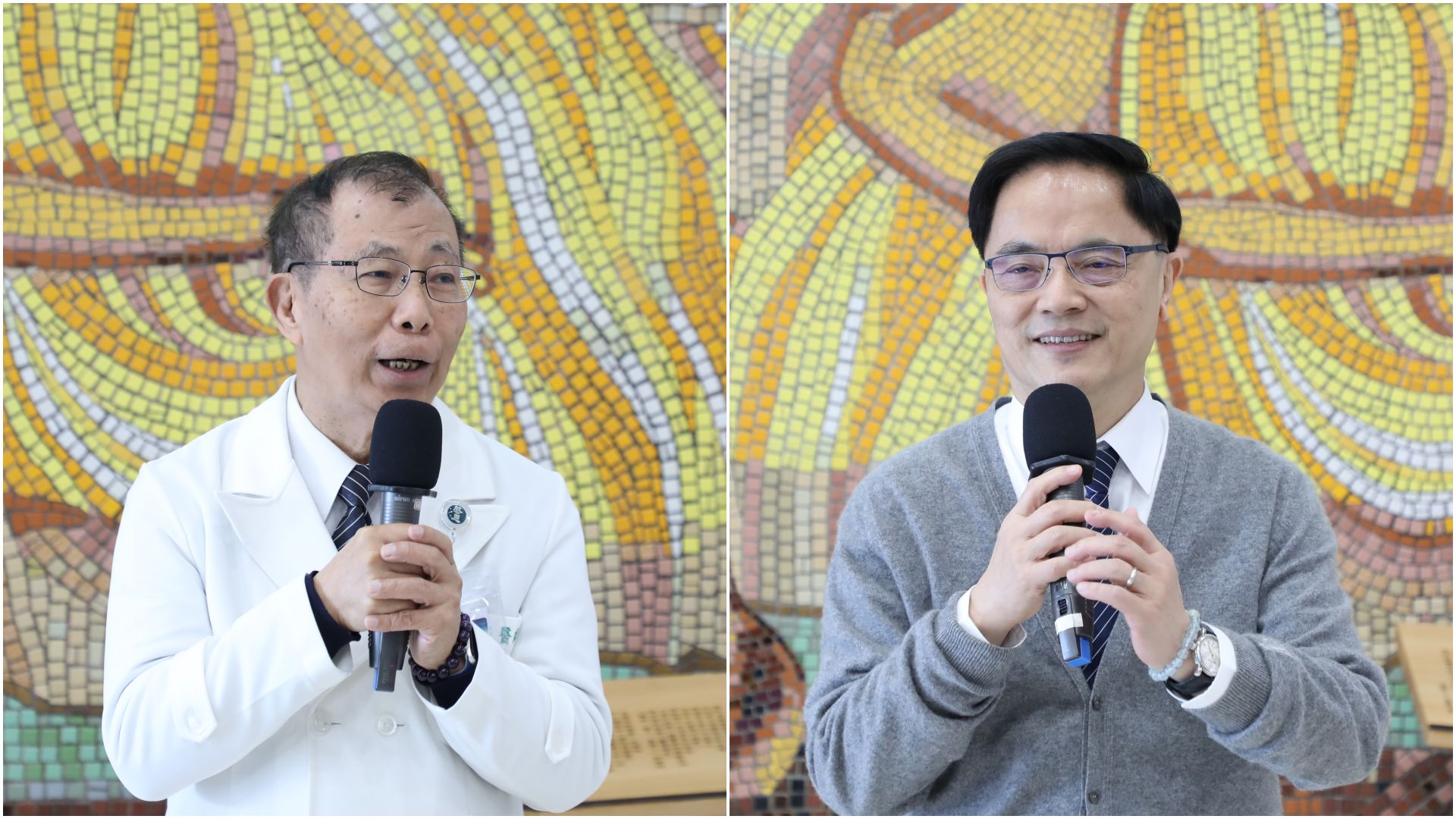 花蓮慈院院長林欣榮(灰毛衣)、副院長吳彬安(白袍)祝賀醫檢師節慶快樂。