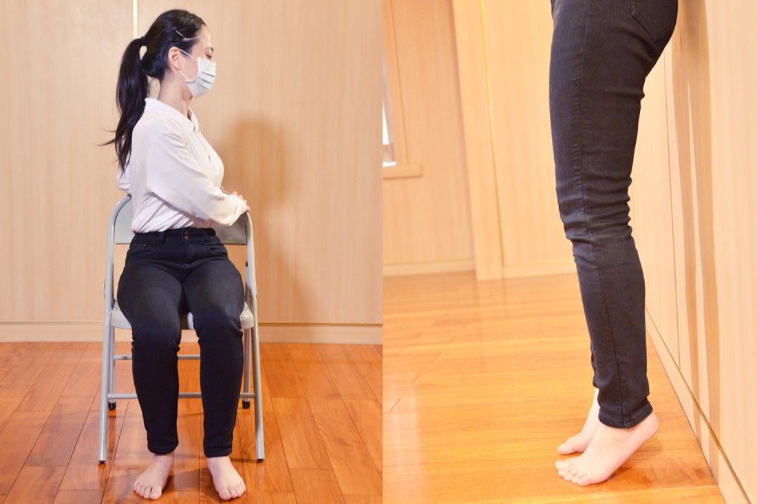 椅背旋轉扭腰(左)及踮腳伸展(右)均為簡易動作,適時進行可減緩肌肉痠痛的發生。