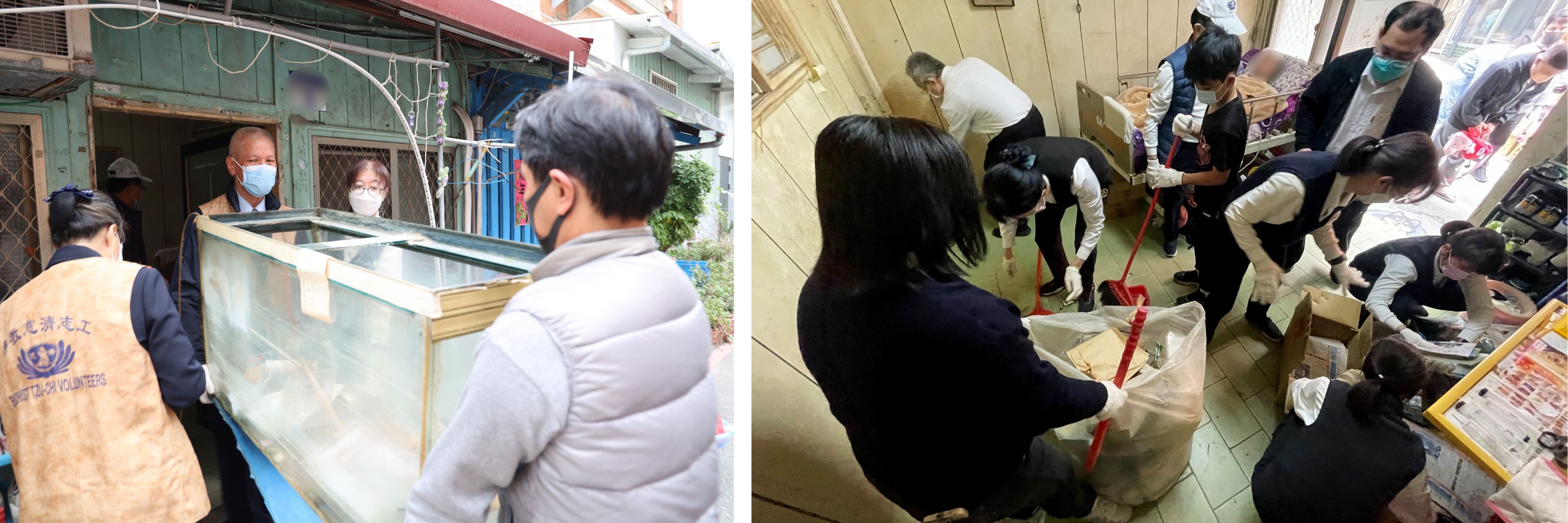 團隊為了搬運這些物品,在小小的空間裡,熟門熟路的排成人龍接力,把堆滿房間的雜物一一搬到戶外分類,再將還可用的家具物品分門別類。