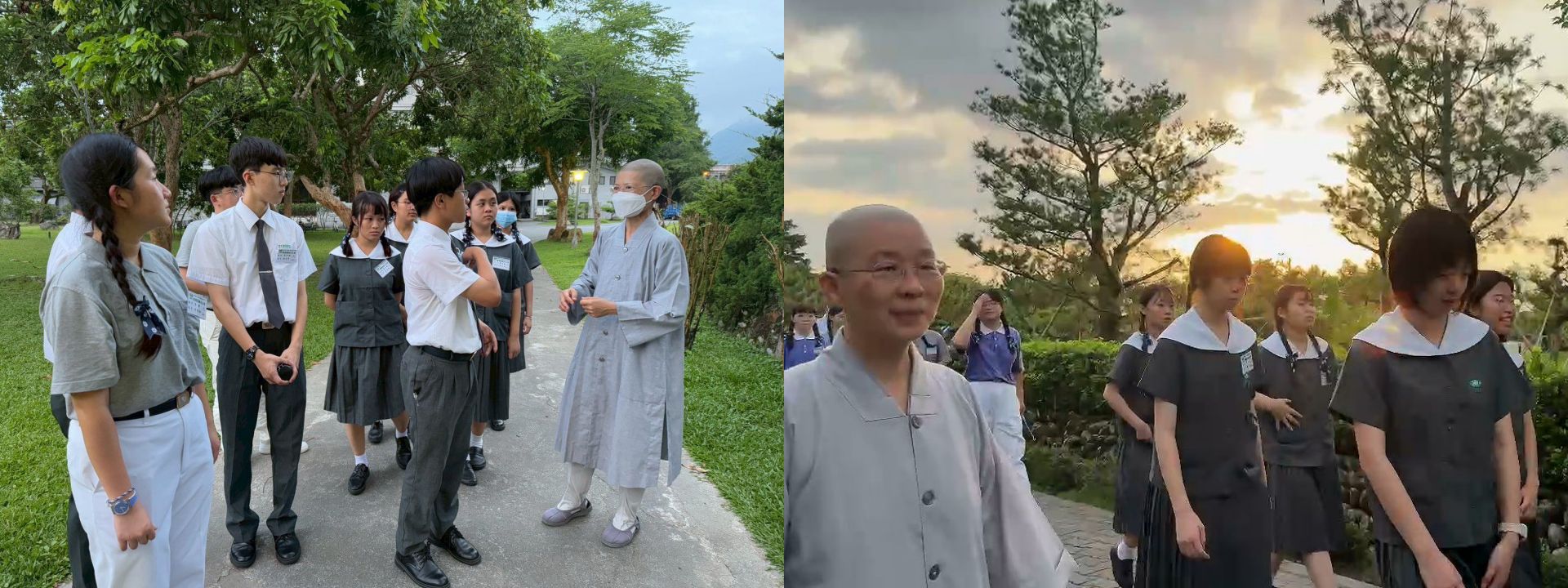 師父們帶領學員清晨緩步行腳,學習「觀照自己」