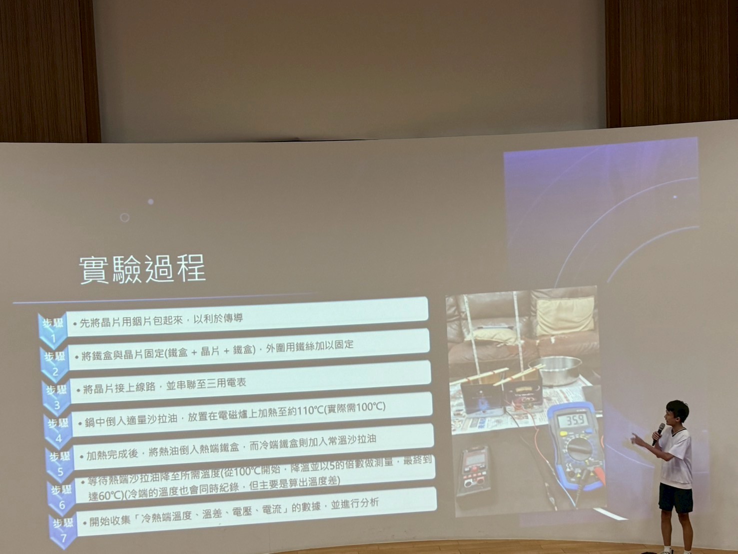 科展作品運用賽貝克效應,透過冷熱溫差產生電力,展現永續能源的創新應用與學生對綠能議題的關注。