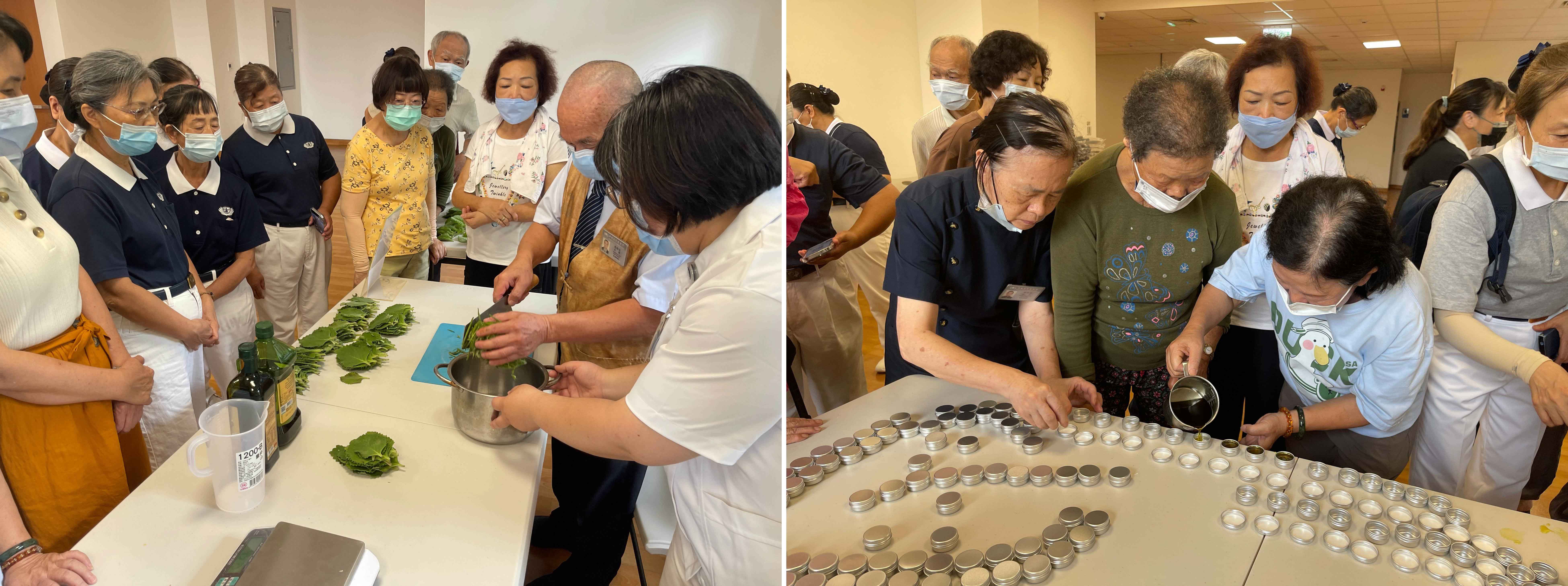 【左圖】張雅婷督導(右一)與戴聰富師兄(右二)示範左手香精油萃取前置作業。/【右圖】吳珮綺阿嬤(右二)裝罐動作熟練,他笑說每天都在佛龕前幫佛祖倒茶,練出俐落身手。