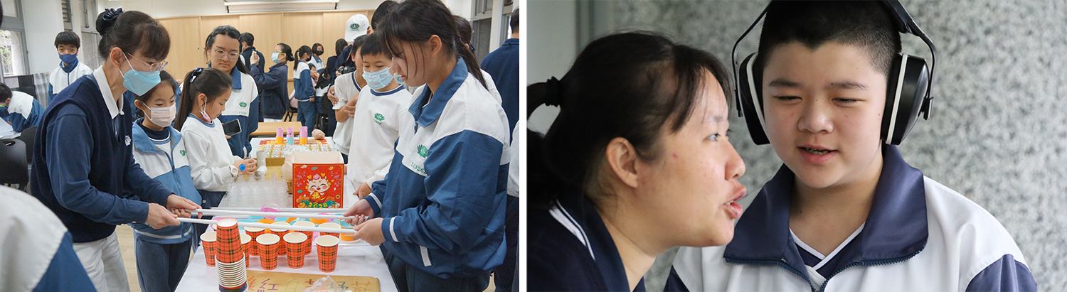 教導志工如何設計遊戲要有趣味性並幫助長輩們做眼手腦運動。/「順風耳不順風」體驗長者因聽覺神經退化聽不清楚的感覺。
