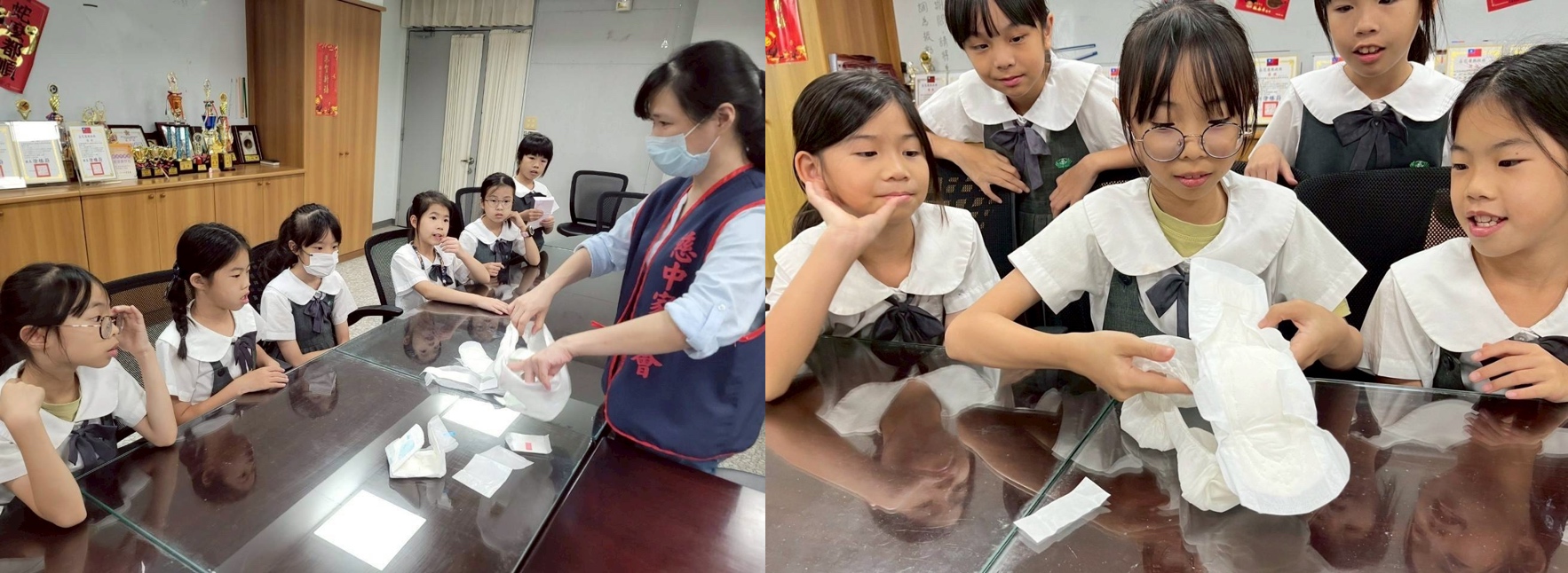志工媽媽細心的教導孩子生理期來時如何處理,並讓孩子實際動手如何使用衛生棉。