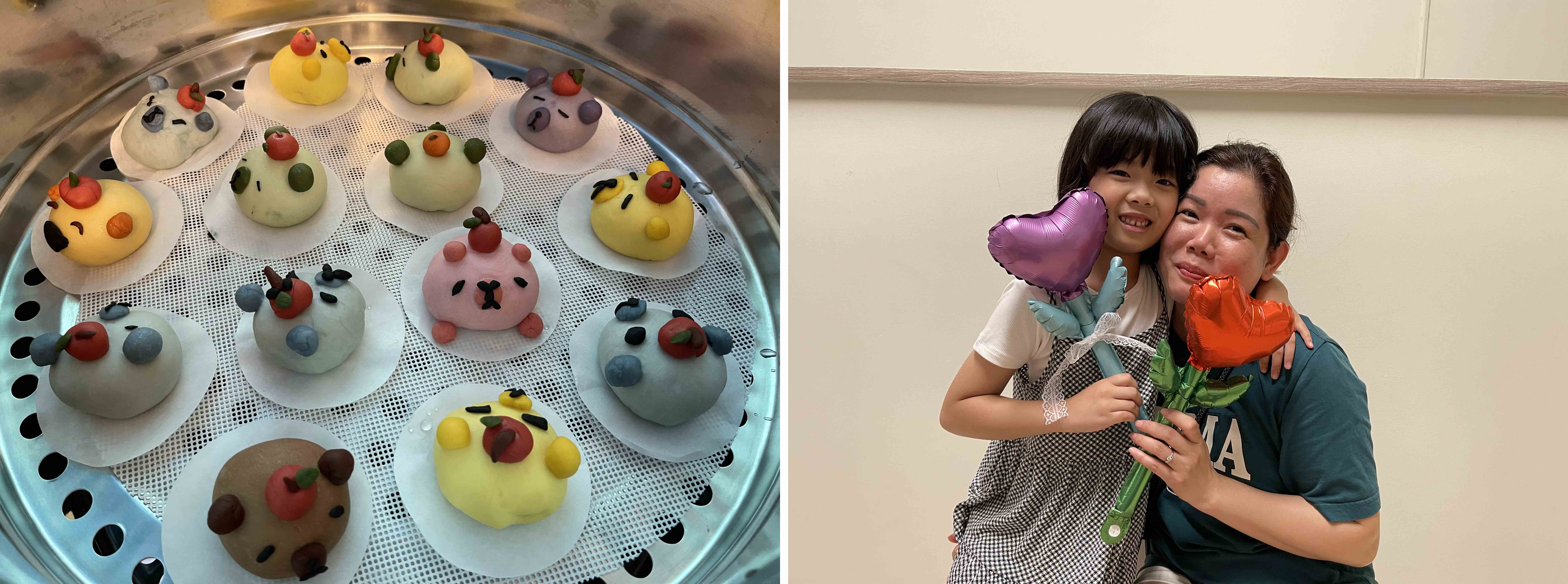 (圖左)手工製作的「可愛造型饅頭」,從發麵、捏造型到蒸煮,每一道工序都蘊含濃濃心意。(圖右)活動高潮,孩子親手獻上花朵氣球給母親,場面溫馨感人,新住民媽媽(右1)不禁感動落淚。