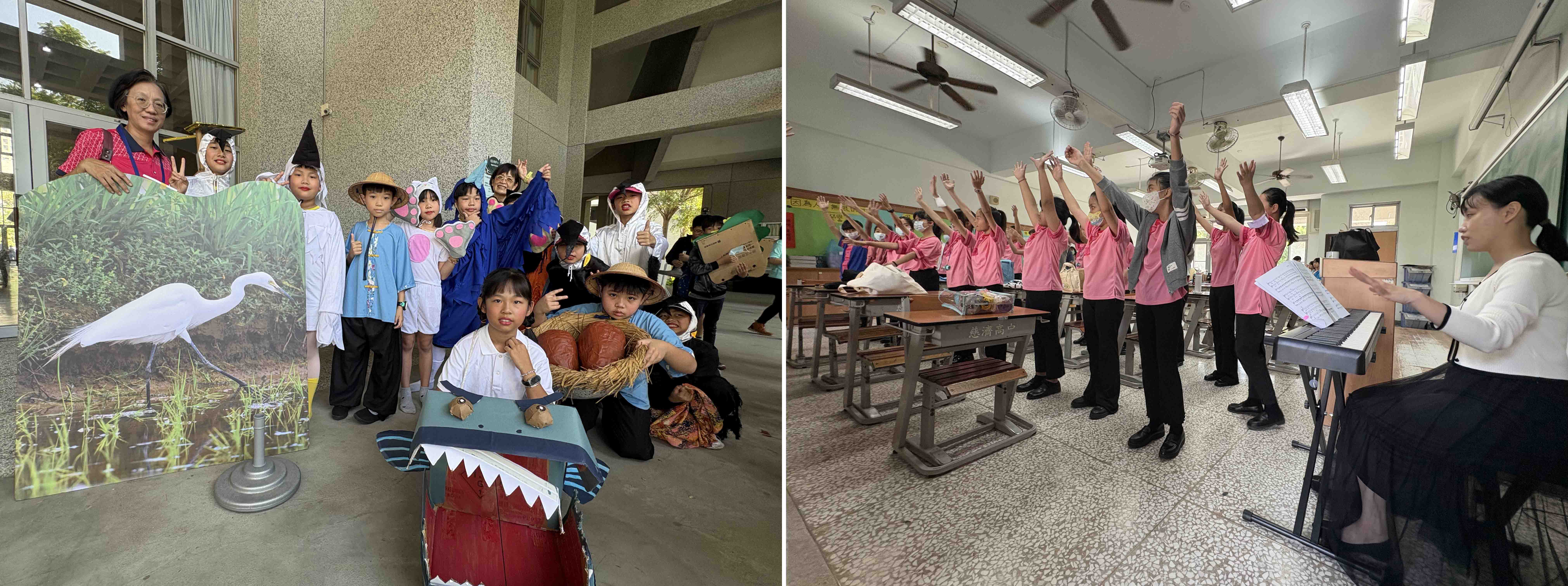 (圖左)高雄美濃東門國小透過戲劇表演,孩子們希望水雉在美濃找到新家(復育)後,能自在的生活。(圖右)臺南市賢北國小以溫潤歌聲為賽前做最後暖身,加油!