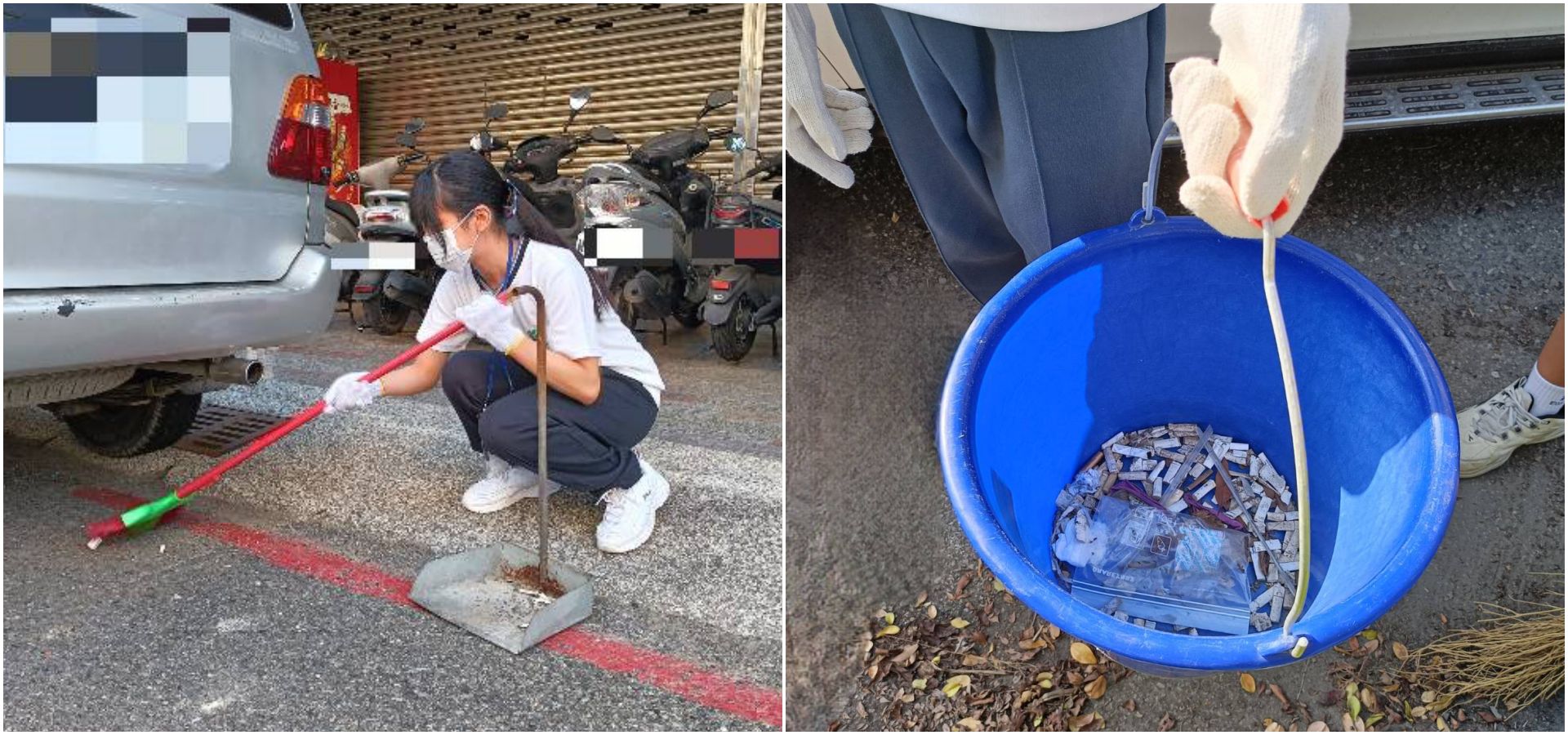 不放過任何細節,把握分秒認真付出。學生們開始發現散落地上各個角落的小小白色菸蒂,撿了一水桶、一畚箕的菸蒂。