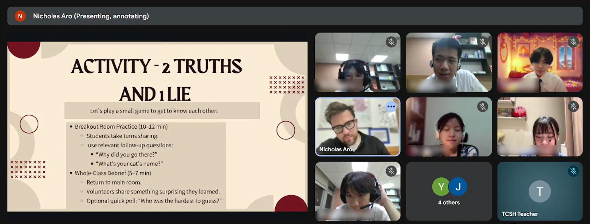 分組上課,透過英文破冰遊戲,認識彼此