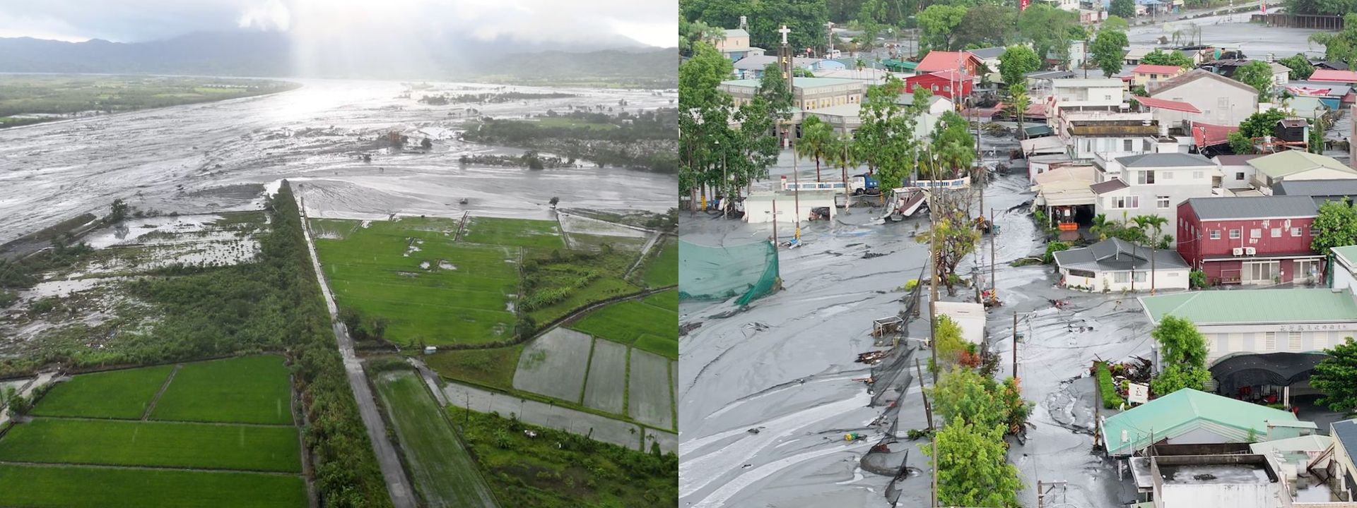 受颱風樺加沙外圍環流帶來暴雨造成潰堤的花蓮溪(左圖)。無人機飛行三公里,看見光復鄉受颱風樺加沙外圍環流帶來暴雨,被泥沙掩埋的屋子(右圖)。
