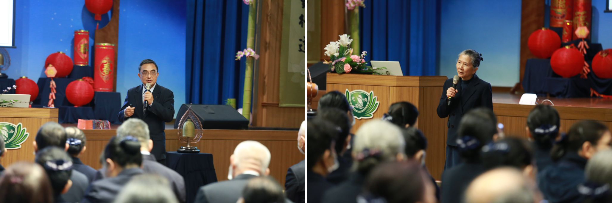 (圖左)講師王錫鋐分享骨髓驗血活動,確定捐贈者堅定都願意救人,再簽個資、抽血完成建檔。不合格者也要引導了解請他們告知親友。(圖右)講師陳金環鼓勵大家熟記DM,見人就說、無孔不入說,驗血活動一定成功。