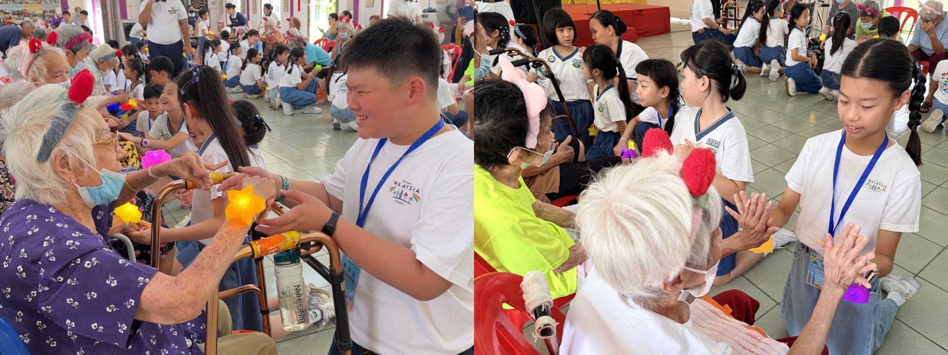 孩子高跪俯身,與長者溫馨互動。孩子純真的笑容,拉近與長者的距離。