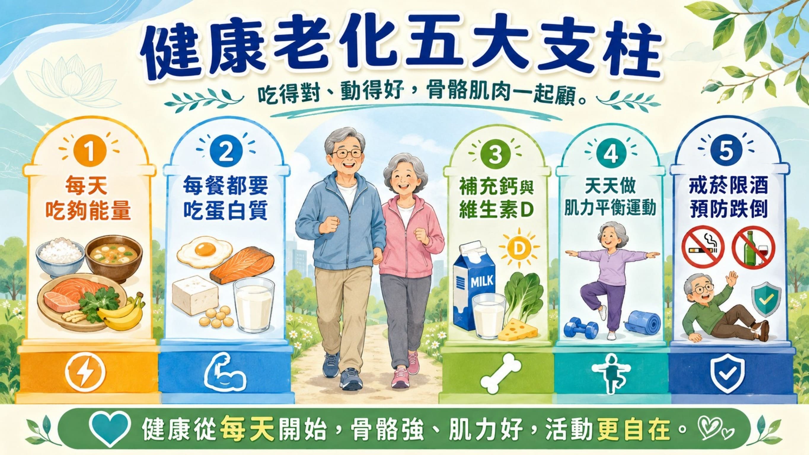 蔡森蔚主任建議長輩,守住健康老化的「五根柱子」,維持良好的「活動力」。