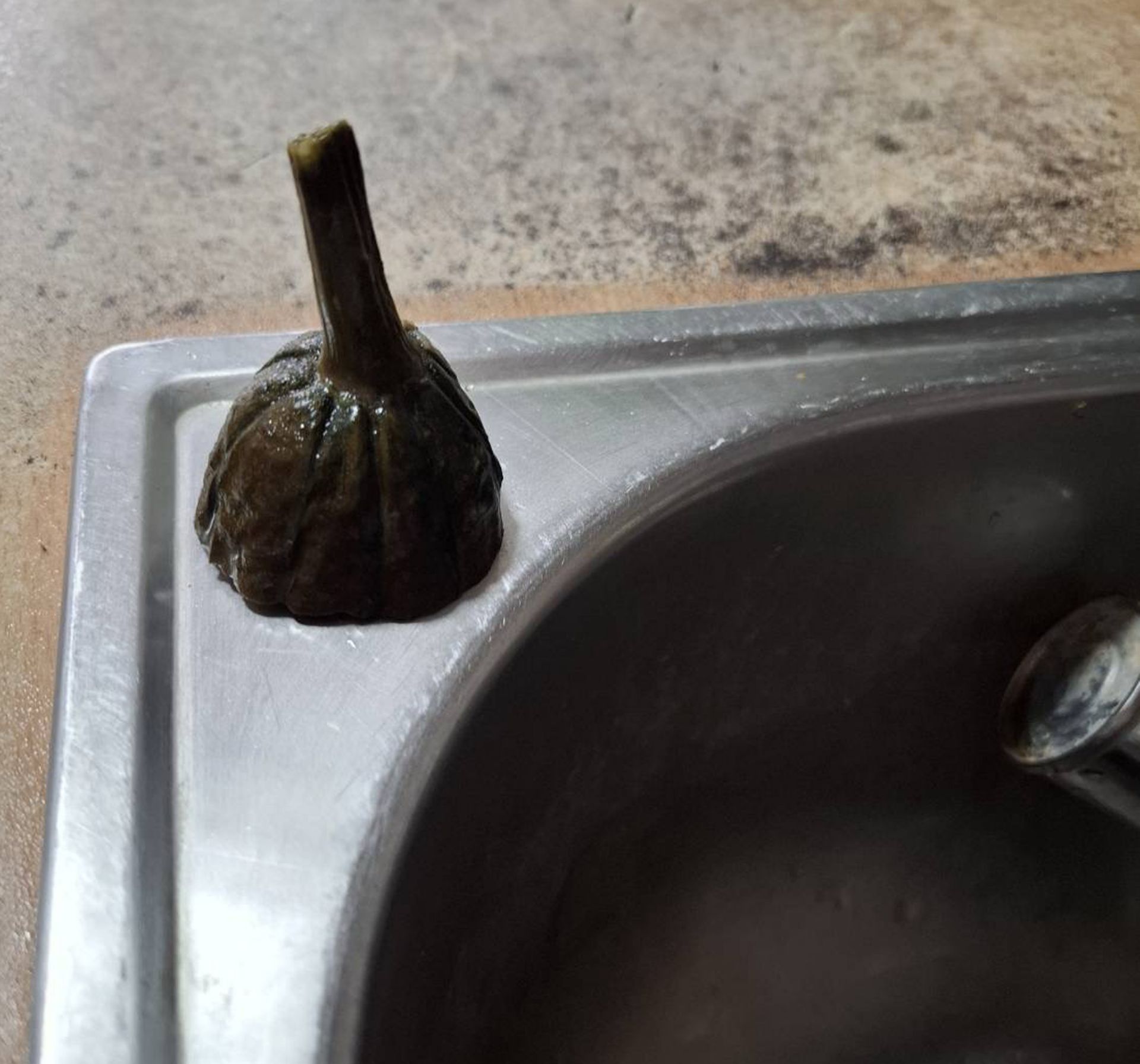 絲瓜放三周蒂頭發黑才被切除削皮煮食,用餐發現已有異味。