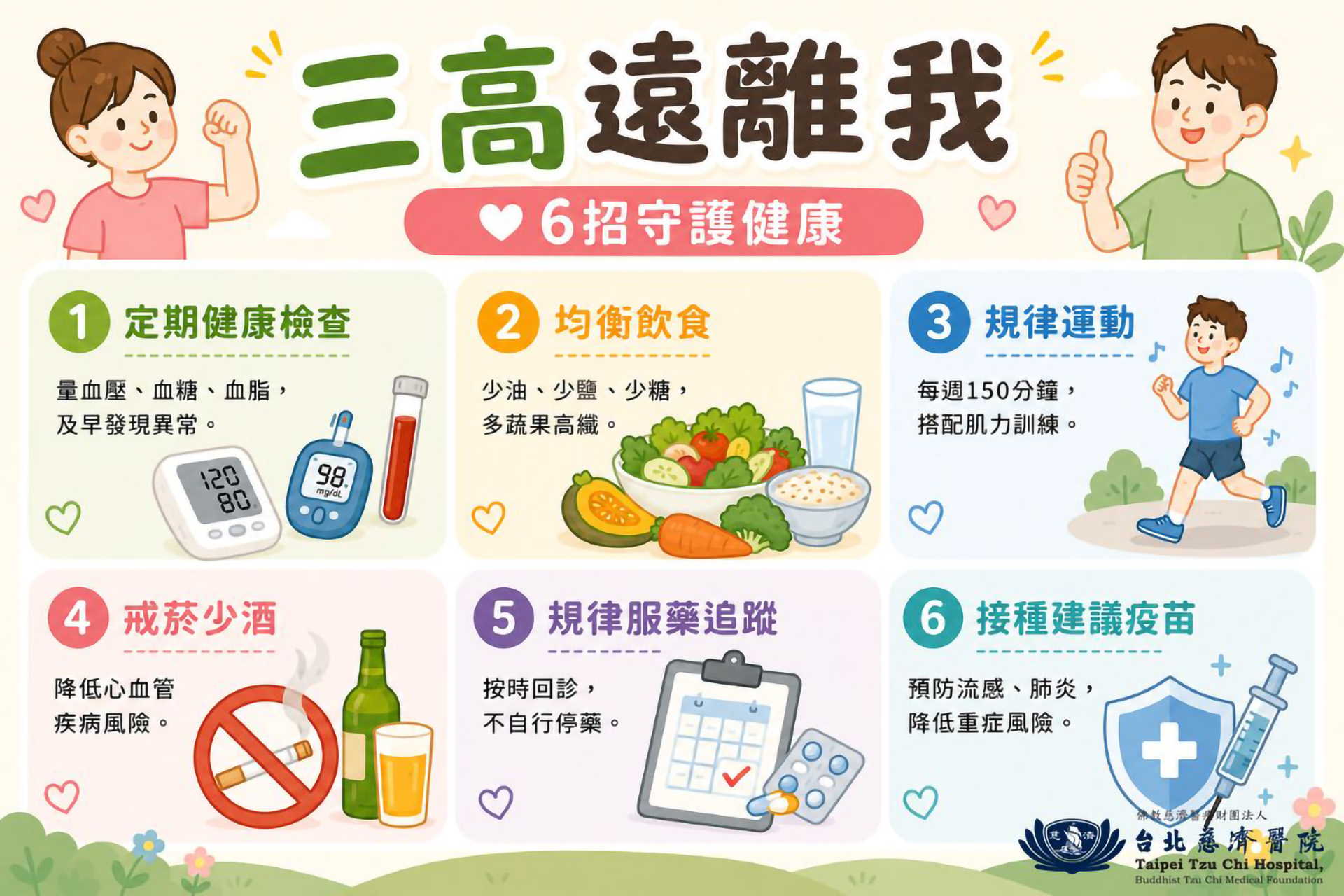 定期篩檢、及早發現、及早治療,配合均衡飲食、規律運動及持續追蹤,有助延緩三高發生。(為AI生成圖)