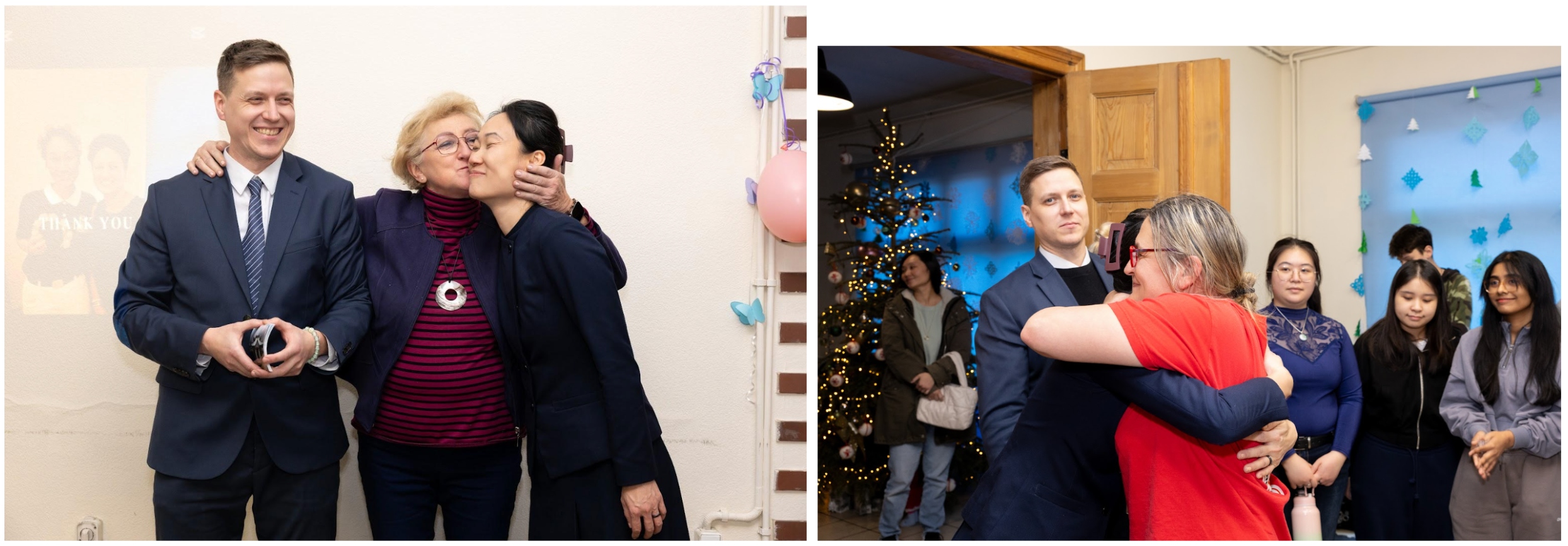 圖說左: 盧卡斯母親Danuta Baranowska感謝每一位願意走進慈濟的志工;也為自己的孩子,以及所有一起承擔的人,感到由衷的驕傲。這一刻承載著家人間的支持,也映照出慈濟志工大家庭中彼此感恩、同行的情感與價值。(攝影:Igor Prys) 圖說右:尤斯提娜・科瓦爾斯卡-齊赫(Justyna Kowalska-Zych)開心擁抱張淑兒。自 2022 年俄烏戰爭以來,兩人與志工夥伴並肩投入難民援助與急救行動,走過無數第一線的艱難時刻。這一天,再次一起完成一場寒冬急救訓練,是歷程中的一個溫暖停格。(攝影:Igor Prys)