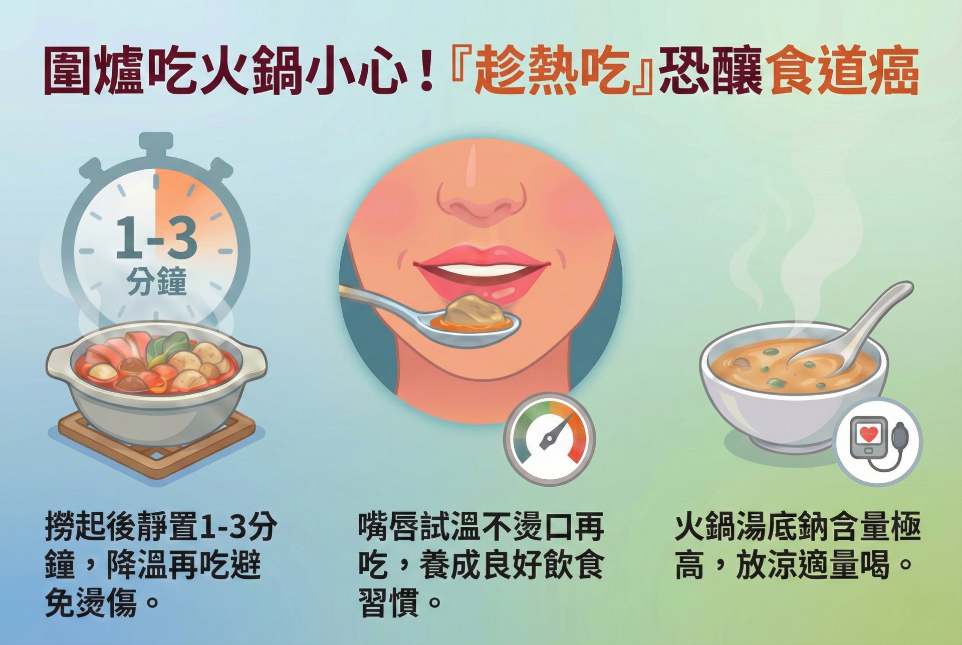 醫師建議食物撈起後靜置1-3分鐘、用嘴唇測試溫度、且火鍋湯底需放涼並適量飲用,以兼顧健康。