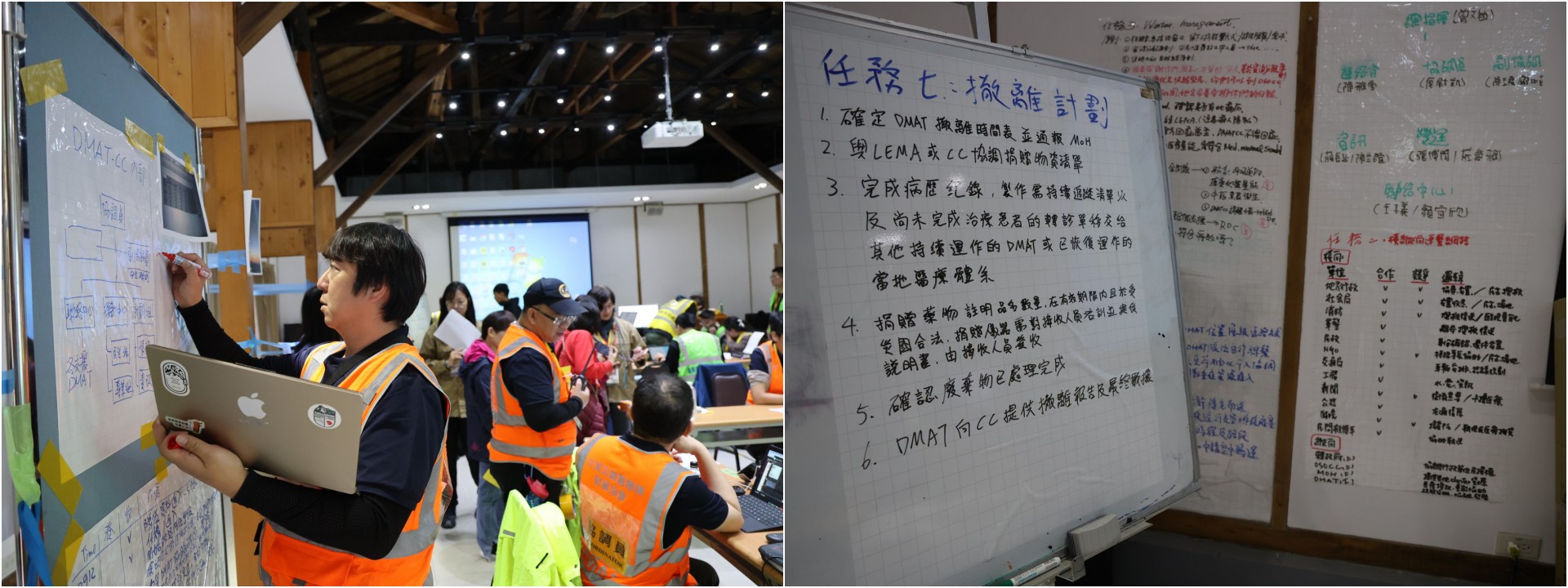 如實演練讓各救難隊員各就各位擔任DMAT-CC不同任務。密密麻麻的註記是協調運作中心在後勤時的任務,也是評核重點。