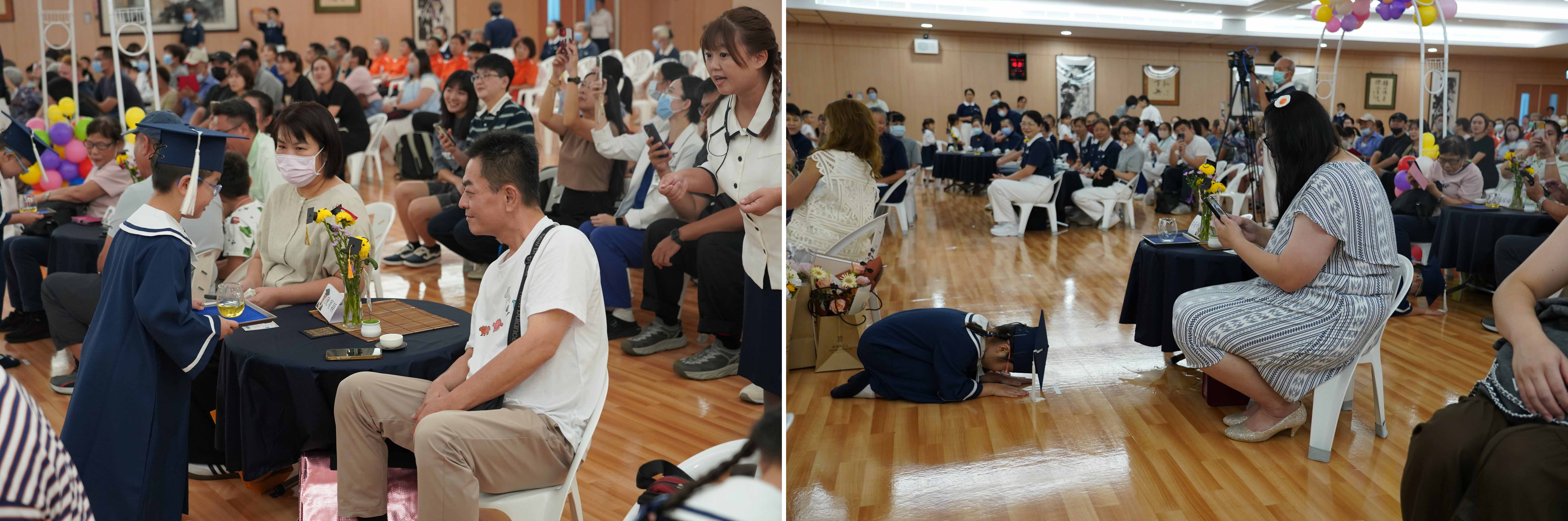 （圖左）畢業生向家長奉茶跪拜，感謝父母的養育之恩，溫馨舉動感動全場。（圖右）畢業生向家長奉茶跪拜，感謝父母的養育之恩，溫馨舉動感動全場。