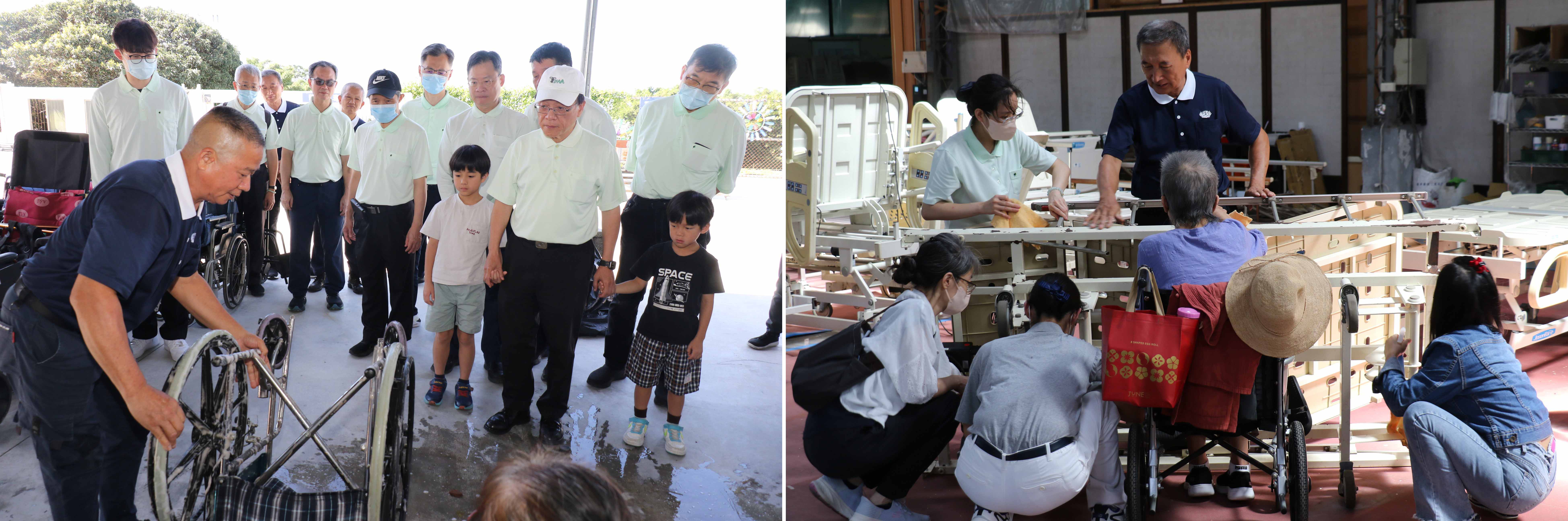 (圖左)慈濟后里和氣隊長蕭順樟(左)解說輪椅清潔重點及要領。(圖右)台中慈院同仁黃培芳(左立)帶領家人參與輔具清消。