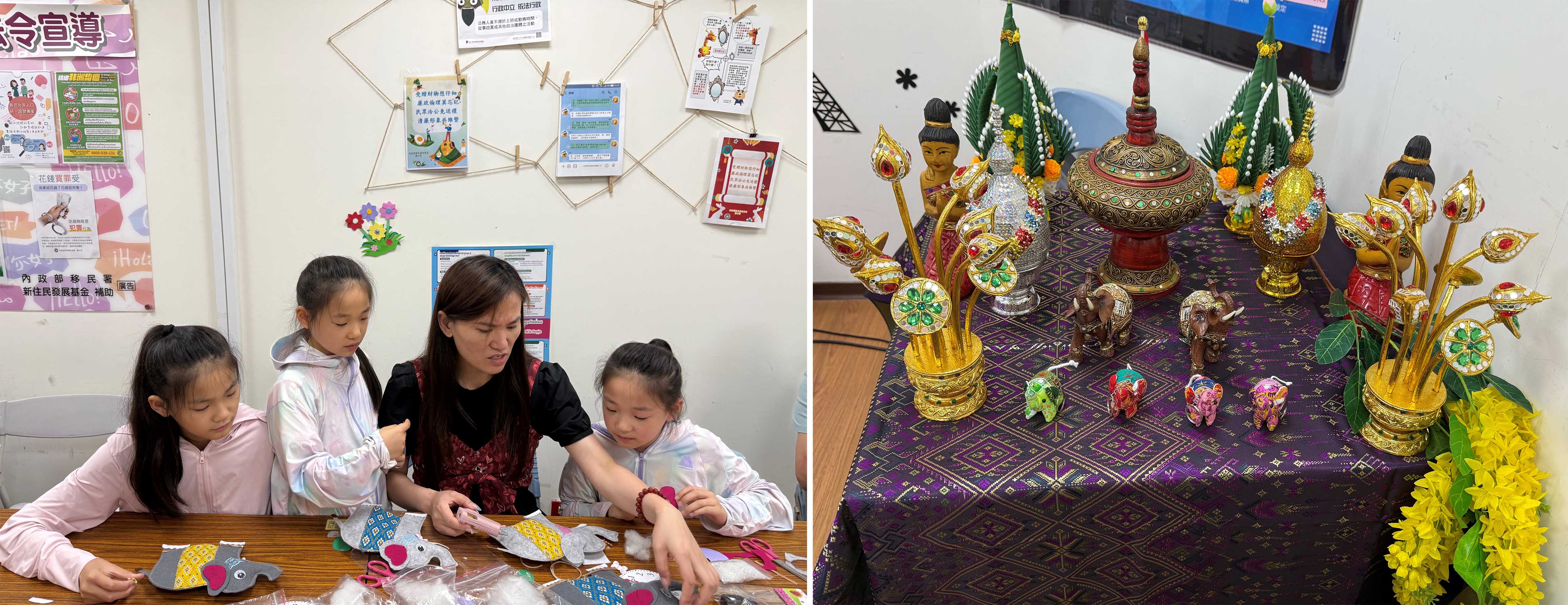 (圖左)新住民及其3名女兒製作大象時鐘。(圖右)現場展示泰國多元文化文物。