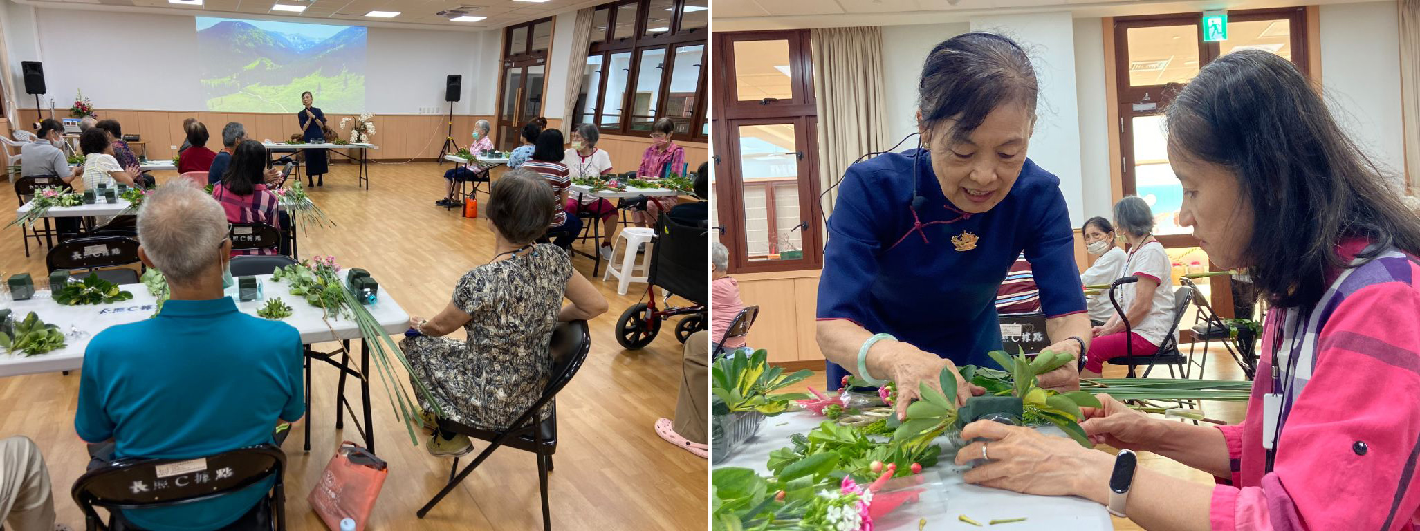 (圖左)林素華(中)老師以人生歷程比喻花型,她表示,這個作品猶如一條隧道,象徵人生難免遭遇考驗與挑戰,唯有保持正念正行,勇敢走出幽暗隧道,才能看見外面如世外桃源般的優美風光。(圖右)雖然多數長者沒有插花基礎,但在老師細心示範與解說下,大家專注投入,一朵朵花材在手中綻放,彷彿也讓心靈沉浸在花海之中。